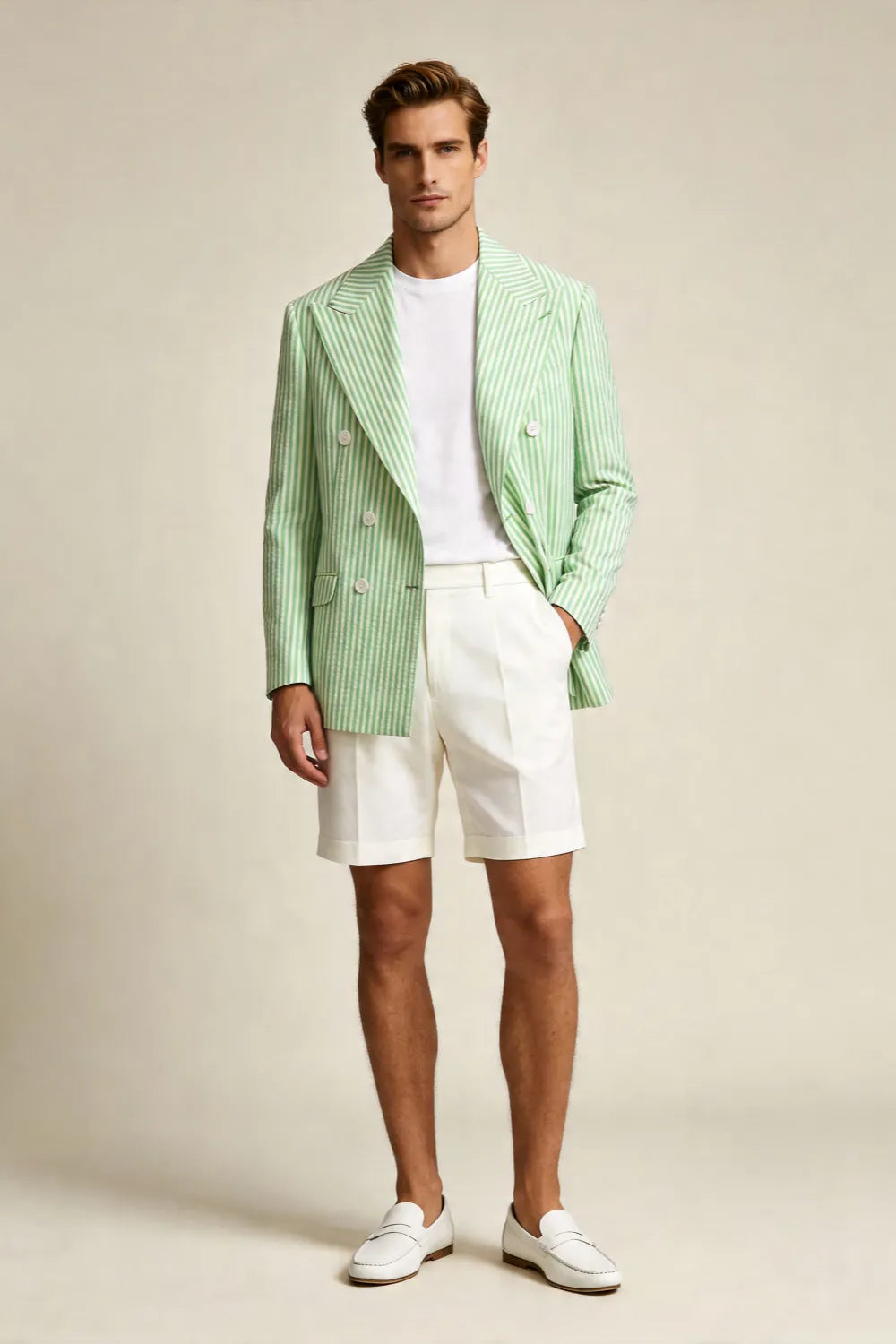 Men's Mint Green Seersucker Double Breasted 2 Piece Short Suit Set