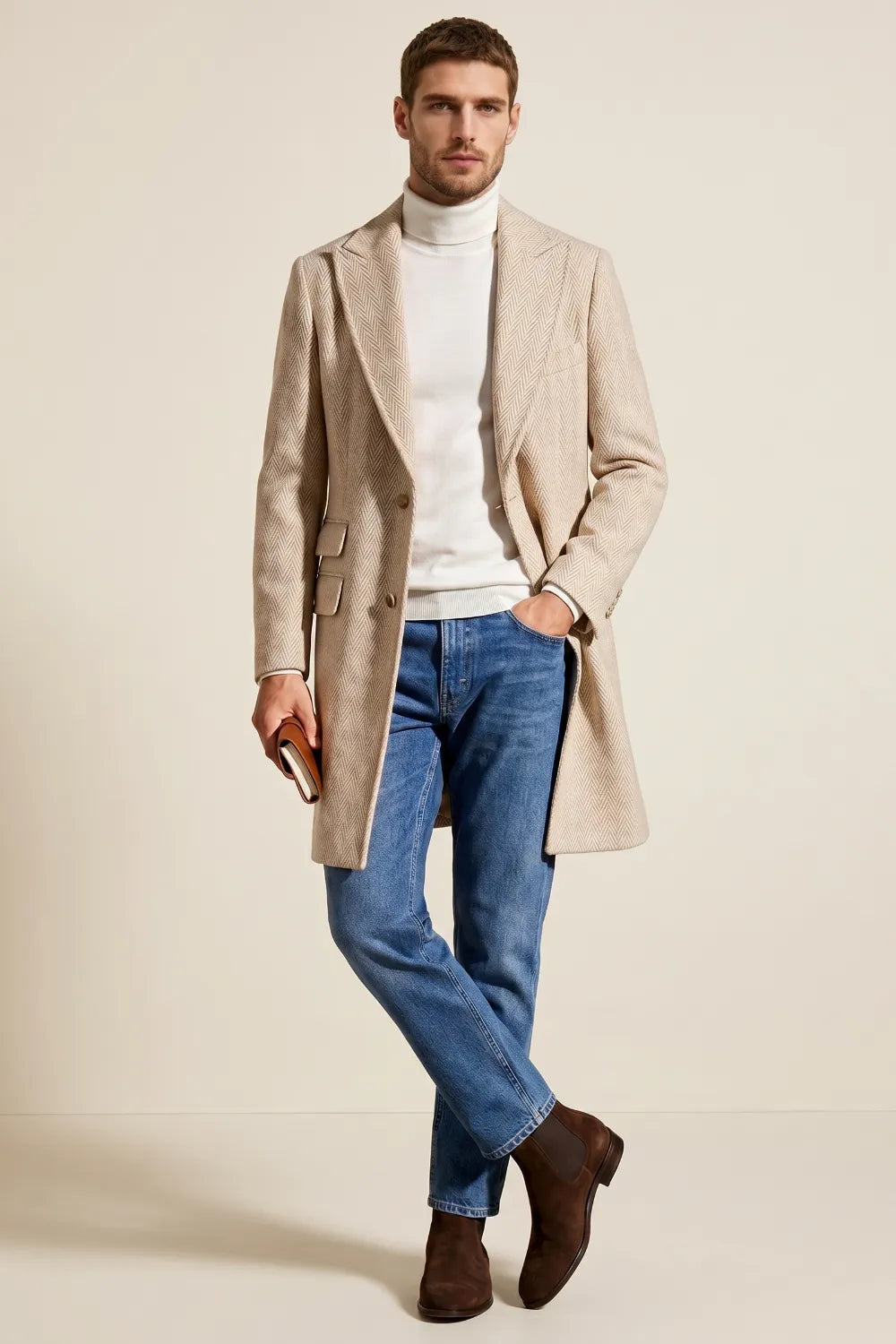 Men's Oatmeal Herringbone Wool Blend Overcoat