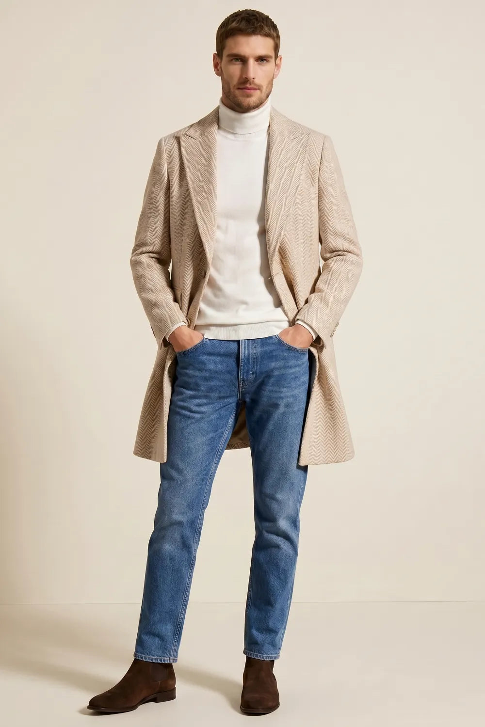 Men's Oatmeal Herringbone Wool Blend Overcoat