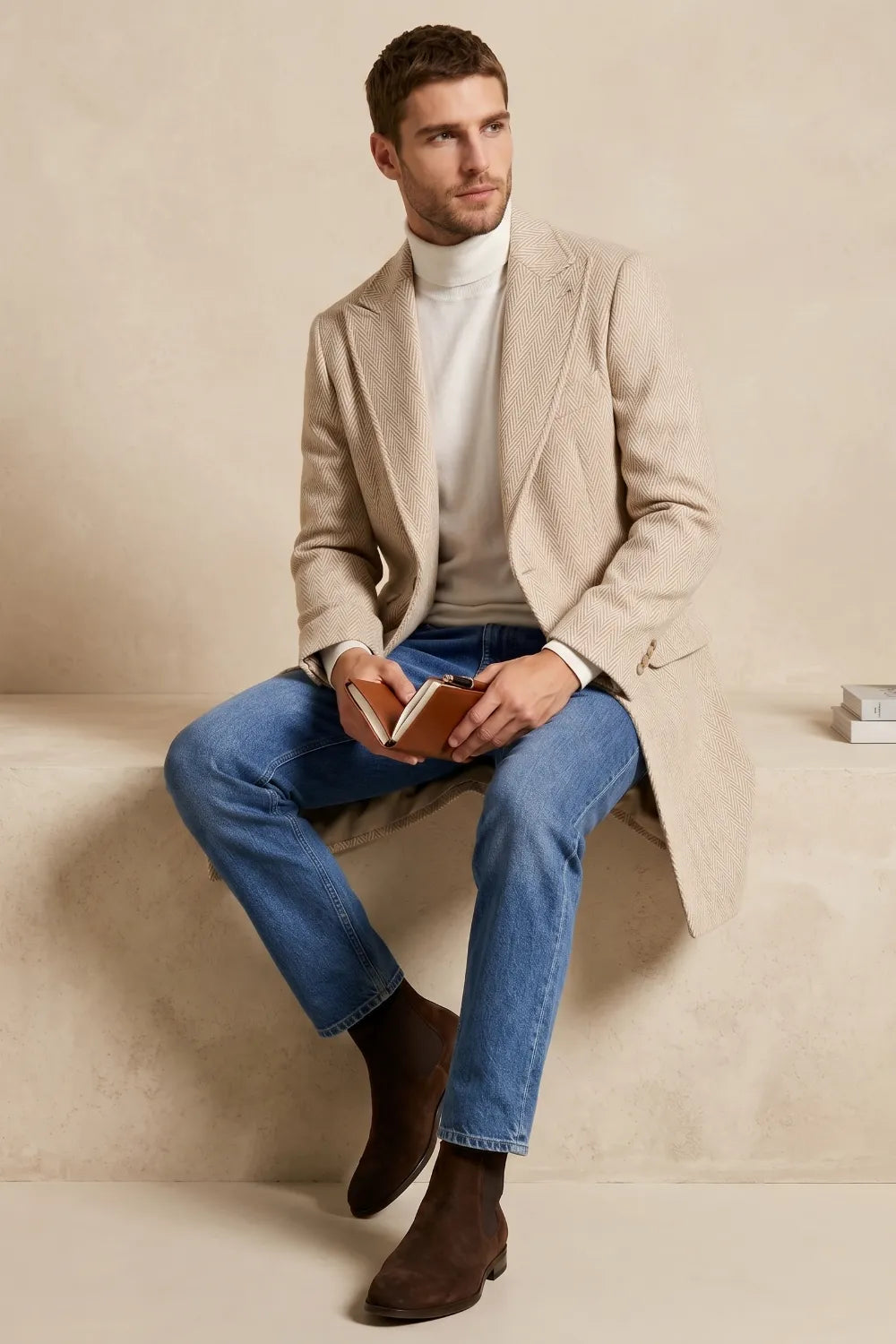 Men's Oatmeal Herringbone Wool Blend Overcoat