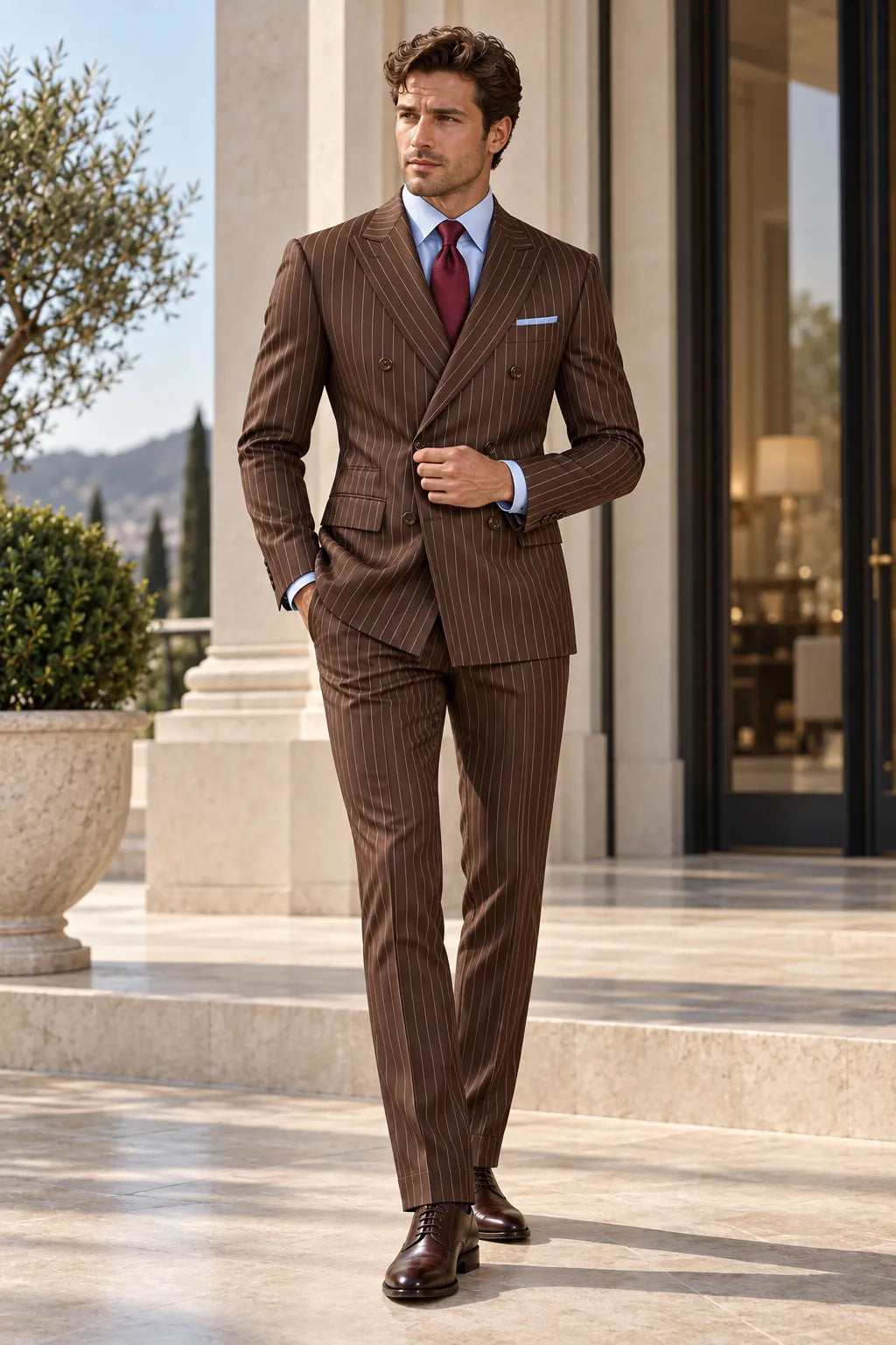Men's Brown Pinstripe Double Breasted 2 Piece Suit