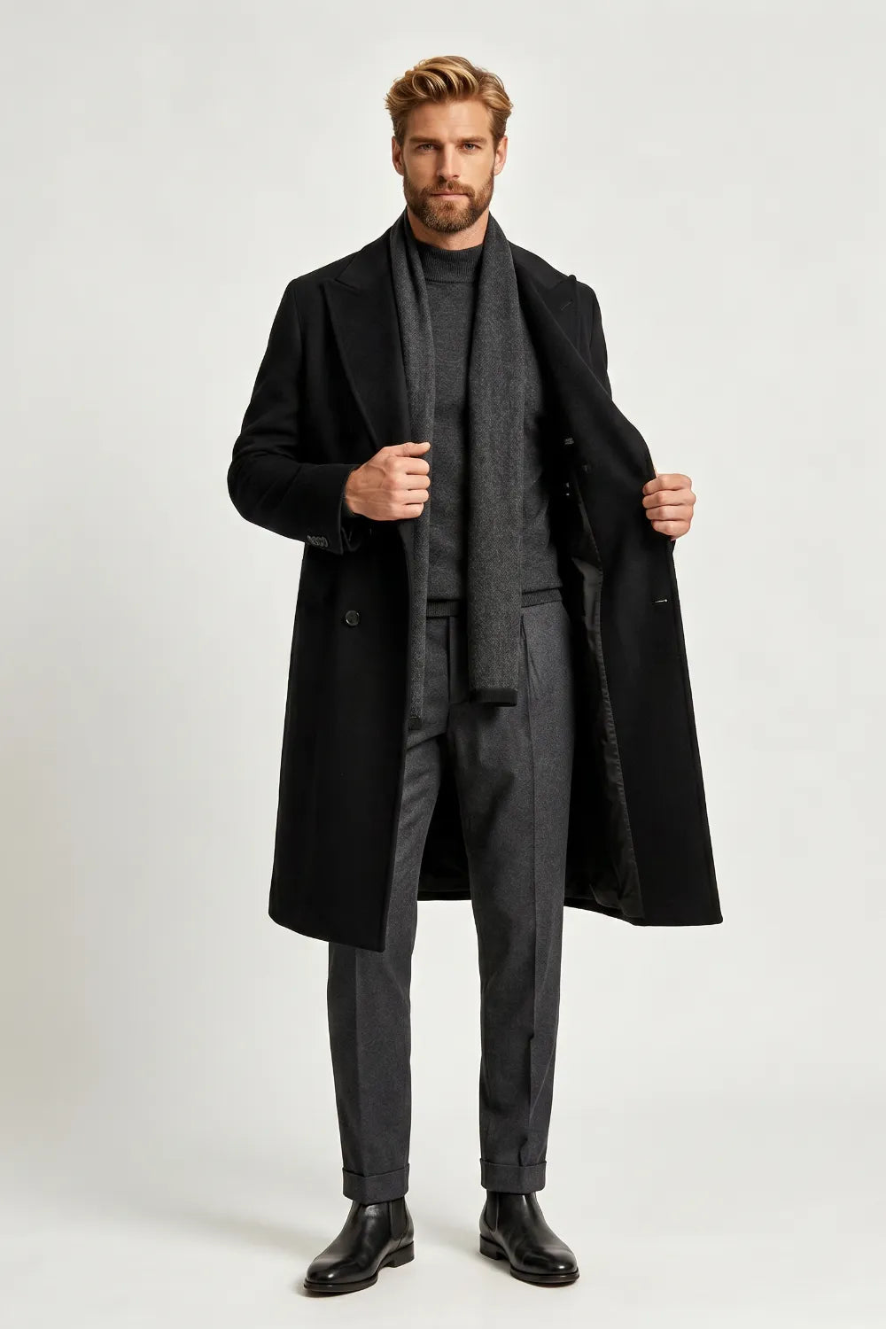 Men's Black Double-Breasted Winter Coat