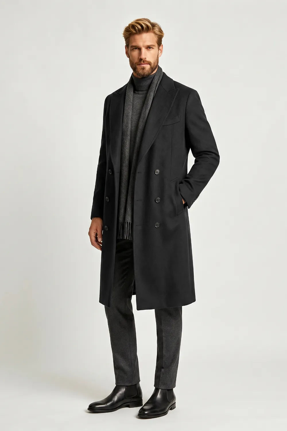 Men's Black Double-Breasted Winter Coat