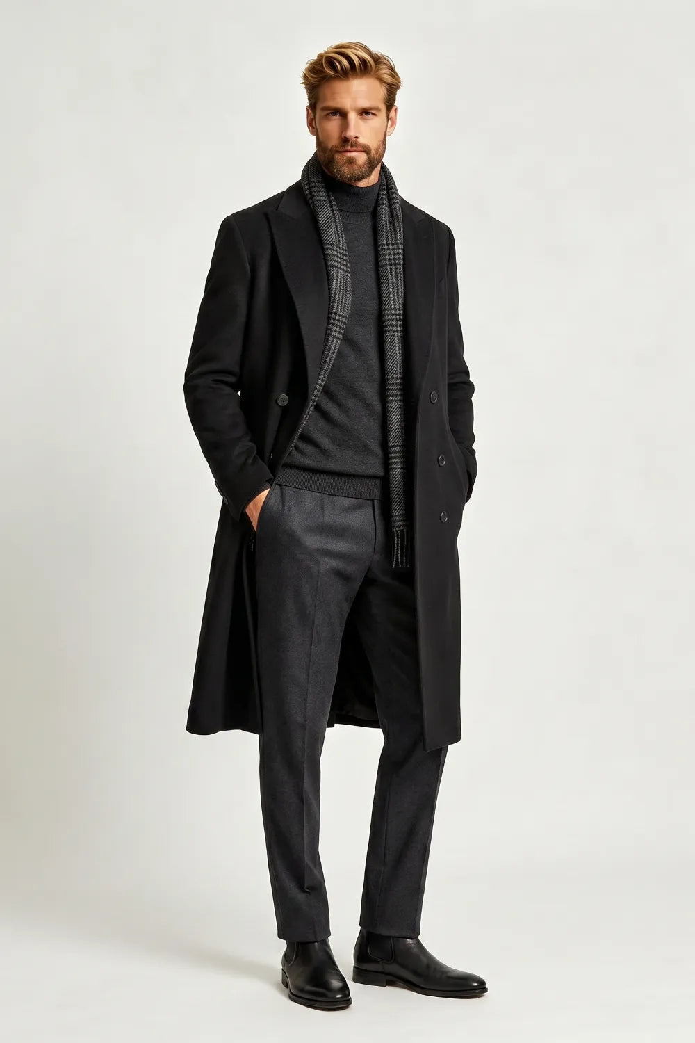 Men's Black Double-Breasted Winter Coat