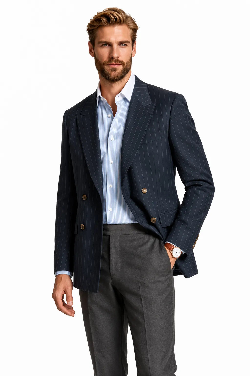 Men's Navy Pinstripe Double-Breasted 2 Piece Suit