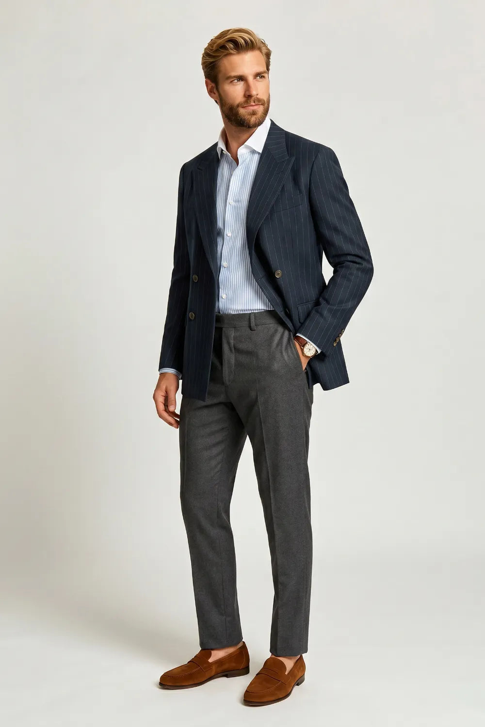 Men's Navy Pinstripe Double-Breasted 2 Piece Suit