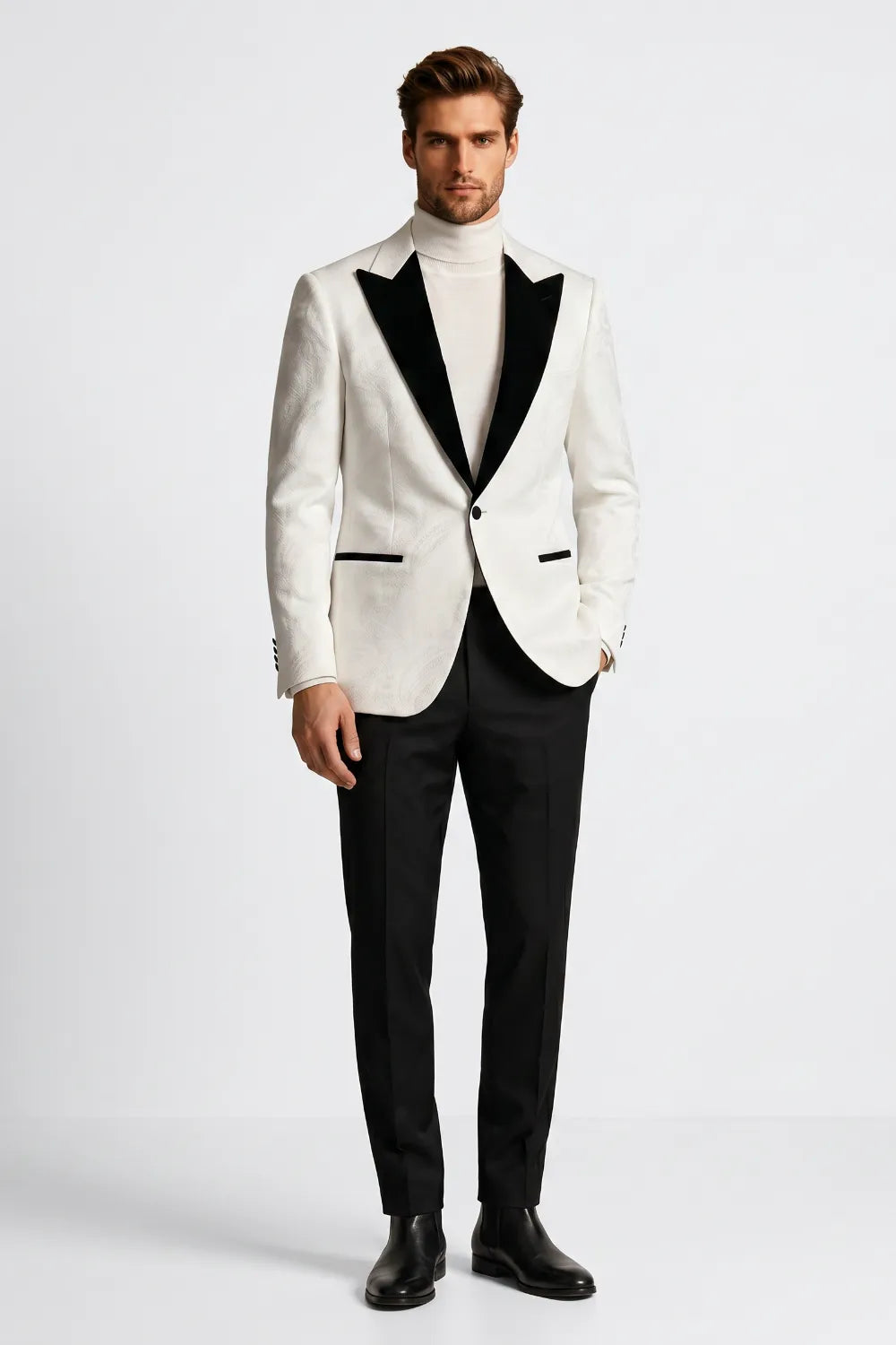 Men's White Jacquard Black Peak Lapel 2-Piece Tuxedo Suit