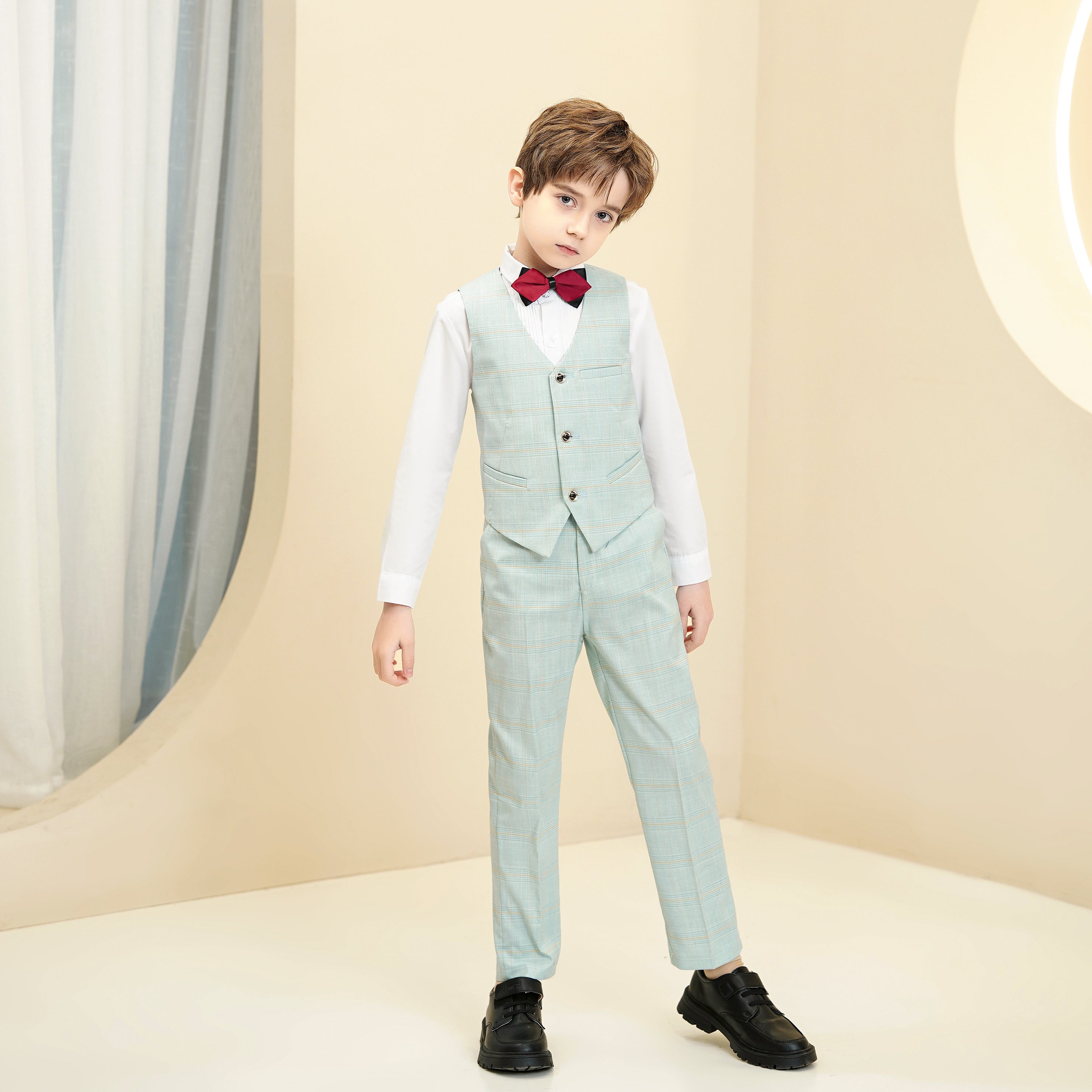 Kids 4 piece mint green plaid vest suit with dress shirt and pants for celebrations