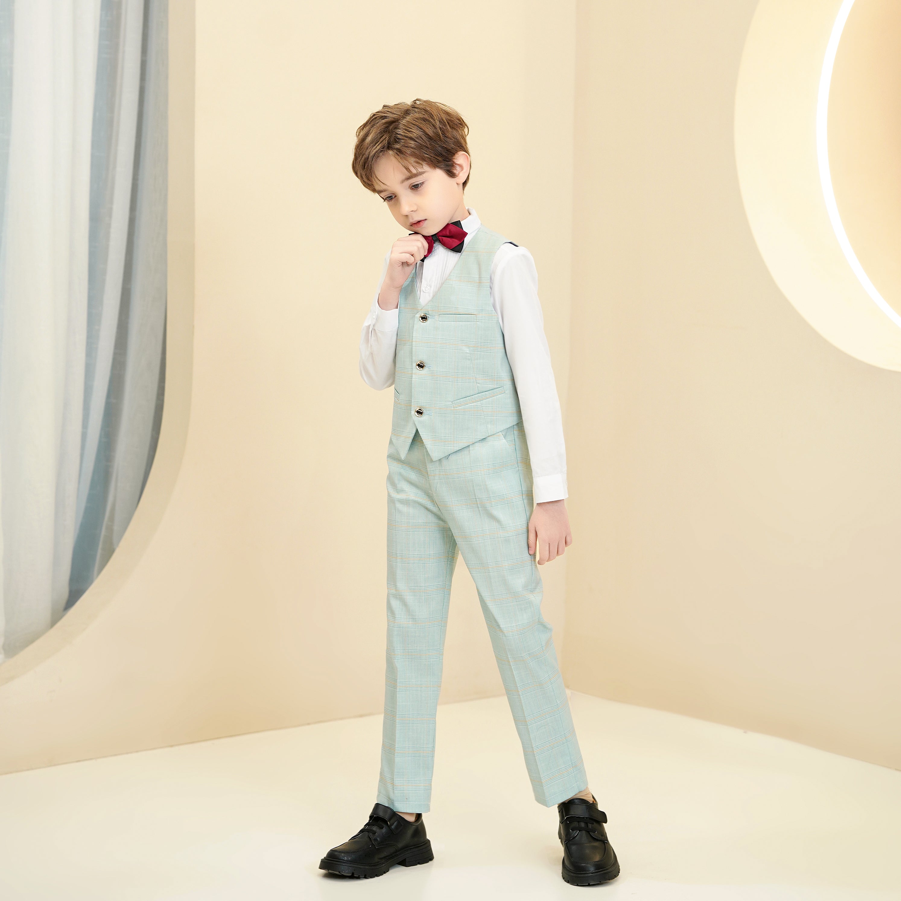 mint green dress shirt outfit Mint Green Plaid 4-Piece Boys Suit
