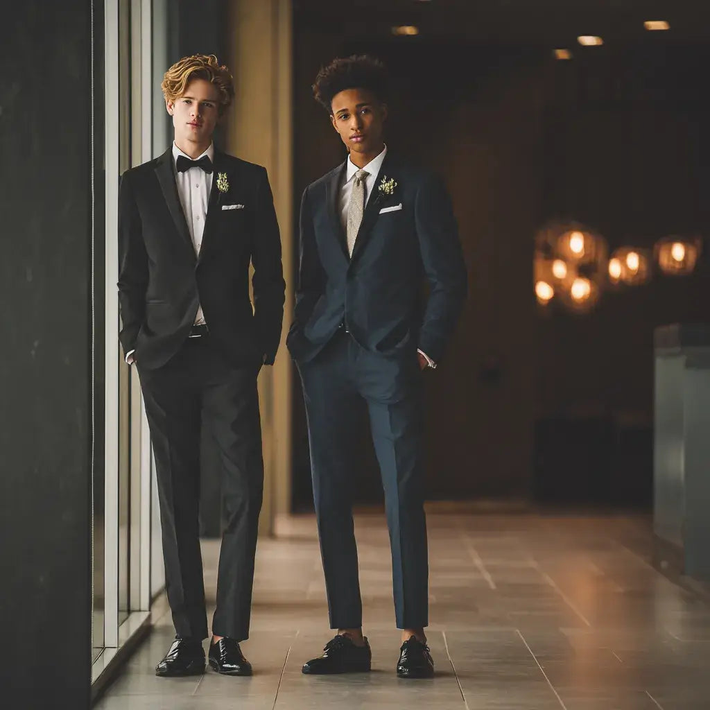 Black prom tuxedo and navy prom suit styled for prom dress code comparison