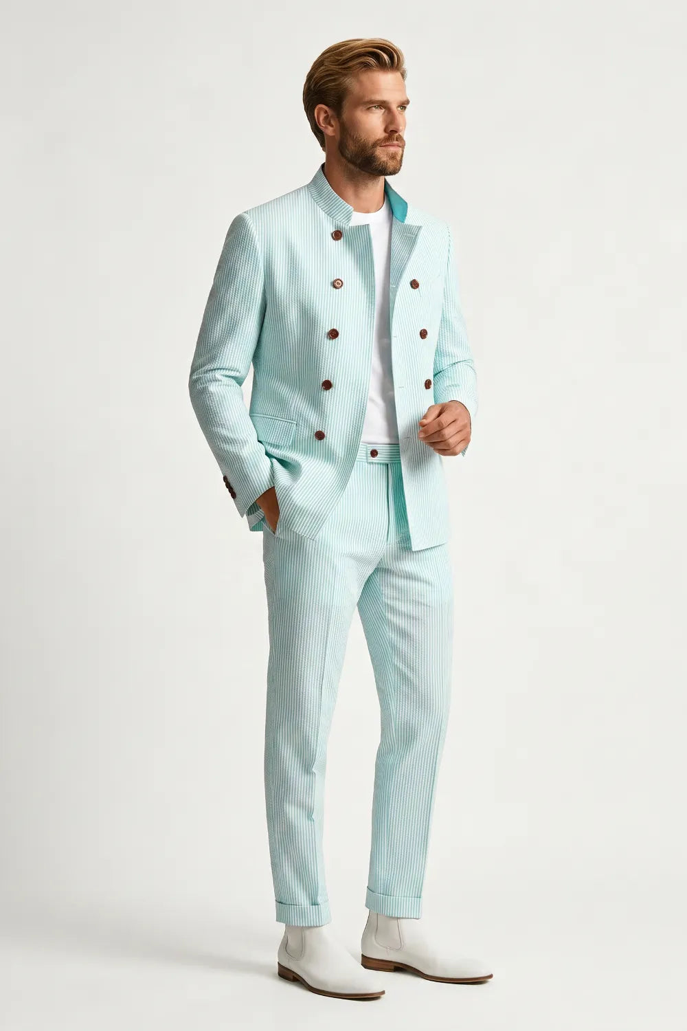Men's Seersucker Double Breasted 2 Piece Suit