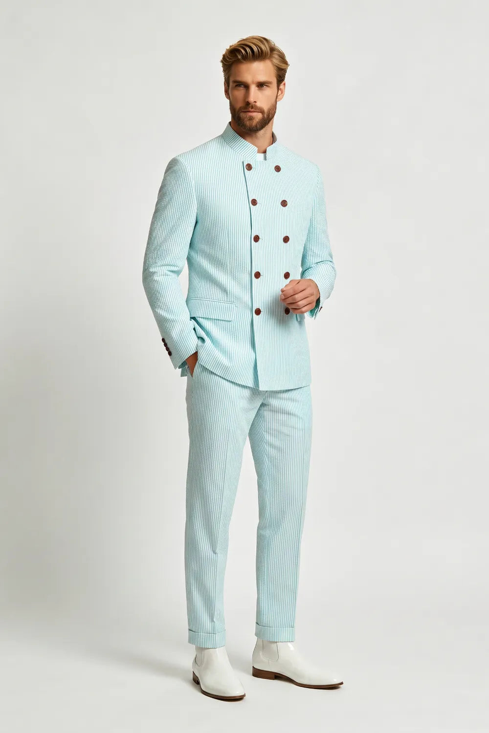Men's Seersucker Double Breasted 2 Piece Suit