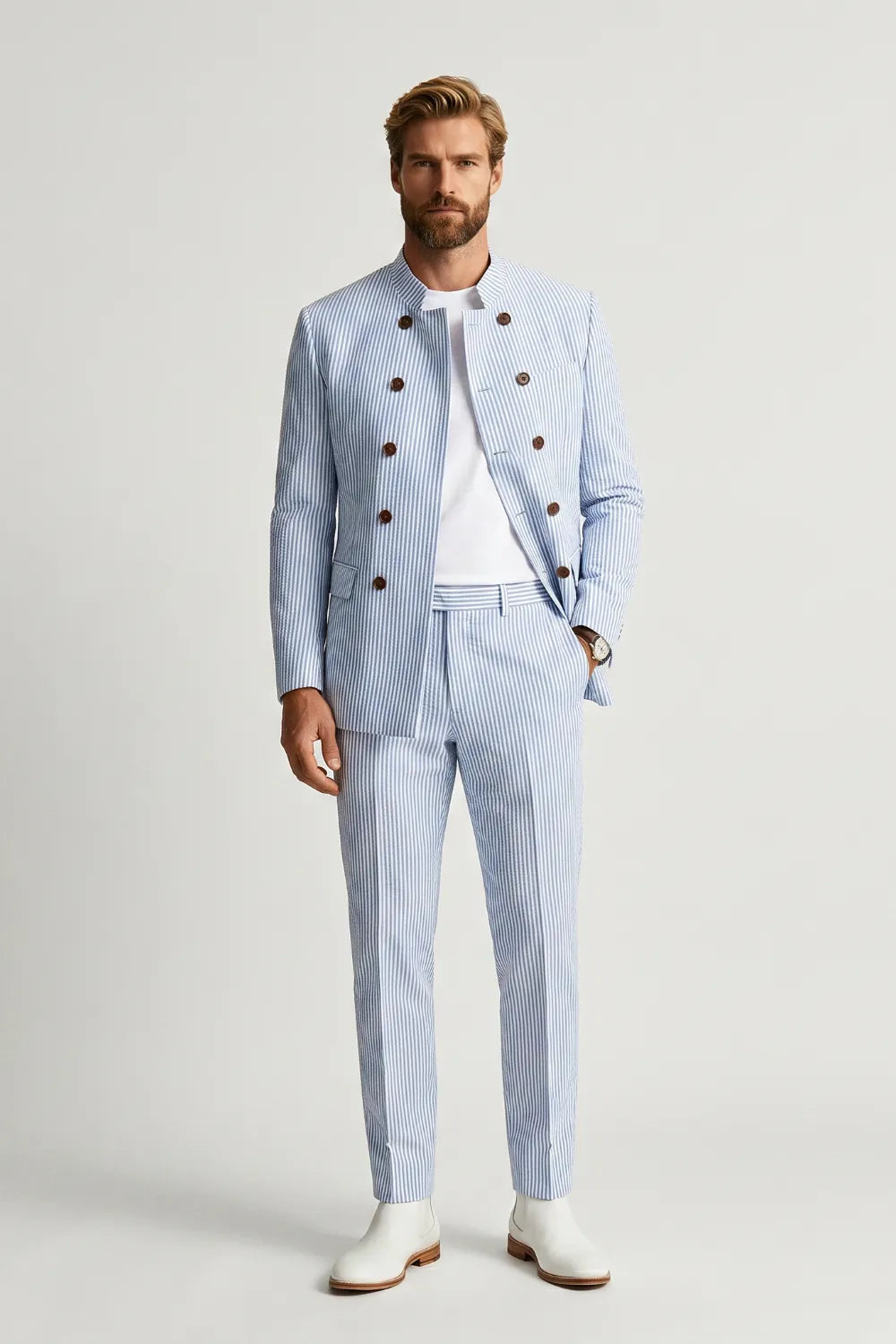 Men's Seersucker Double Breasted 2 Piece Suit