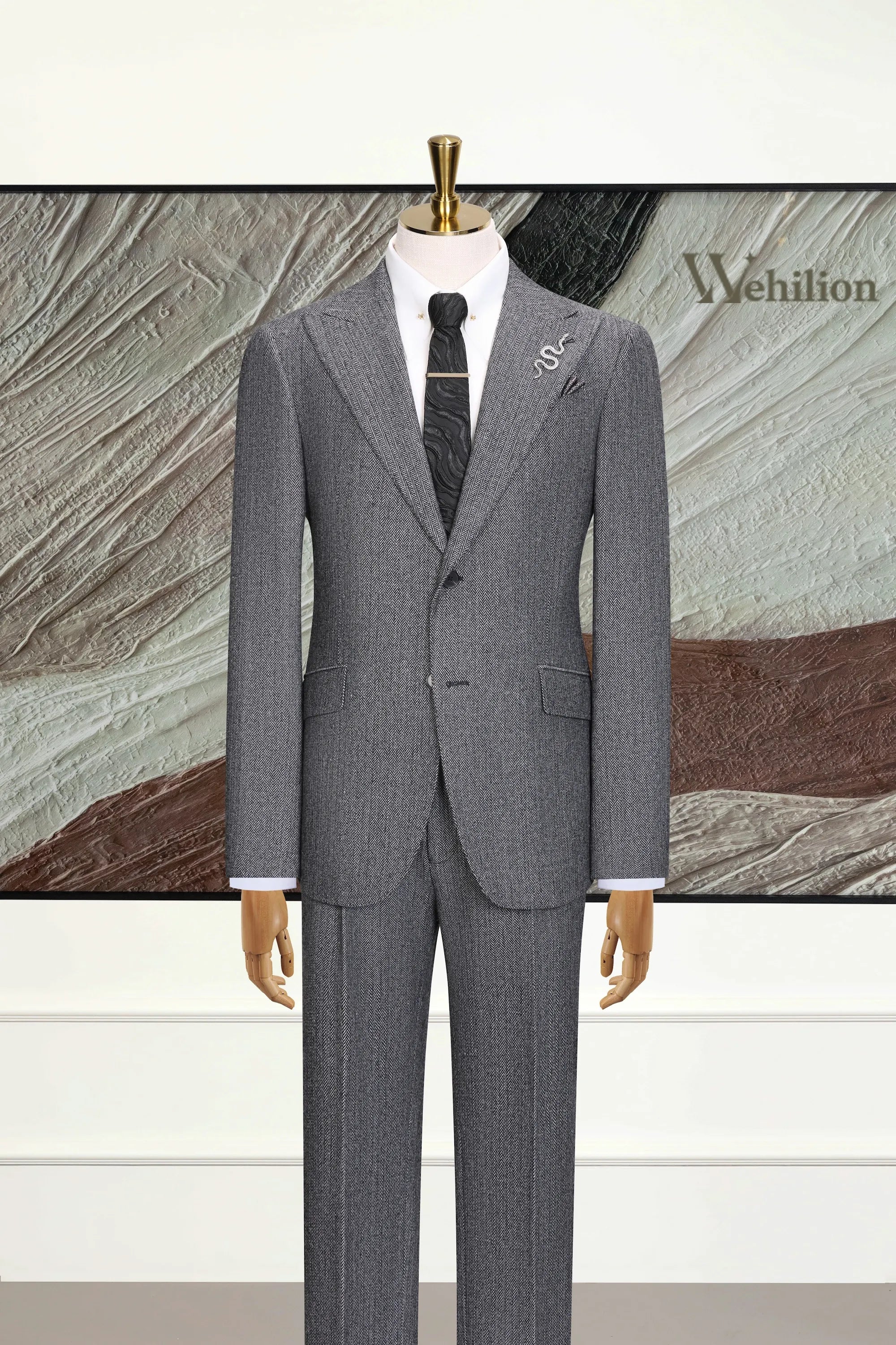 Men's Dark Grey Herringbone 3 Piece Suit