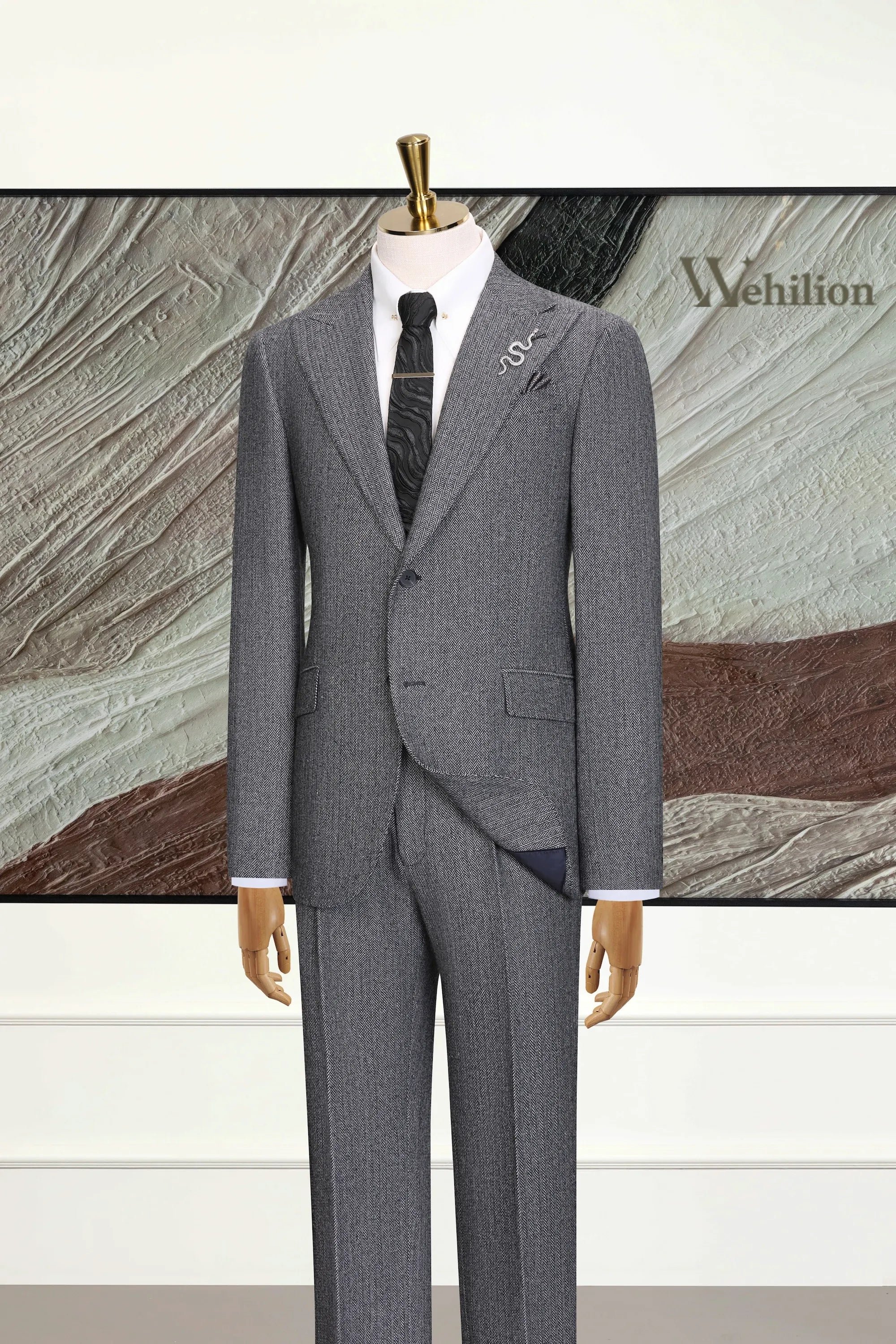 Men's Dark Grey Herringbone 3 Piece Suit