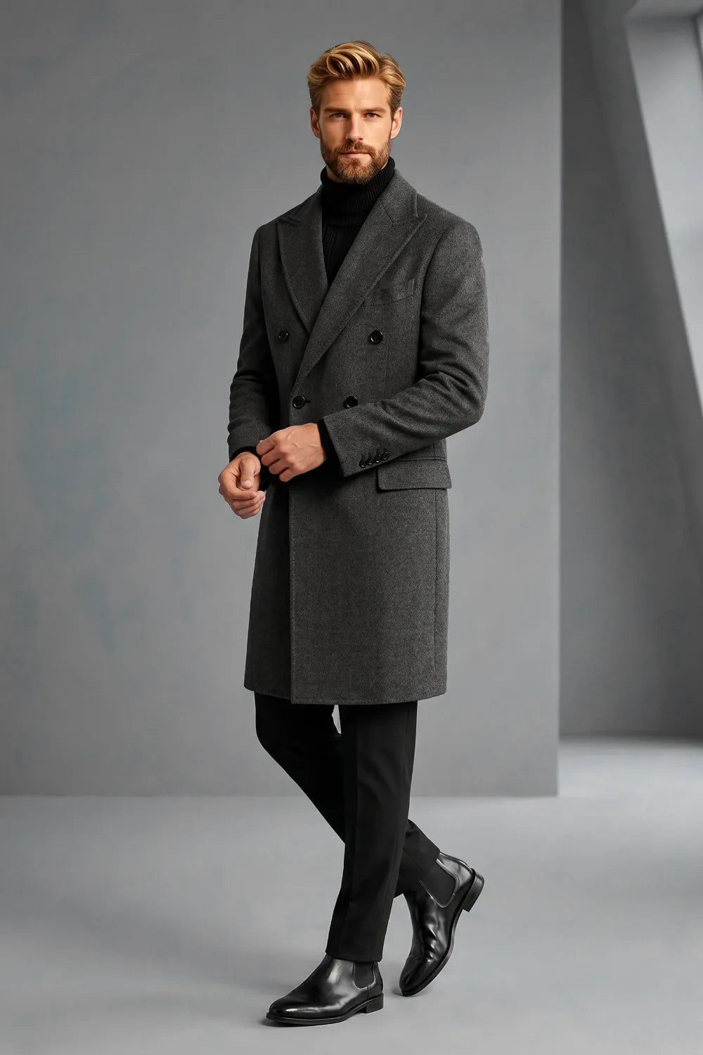 Men's Charcoal Double-Breasted Overcoat
