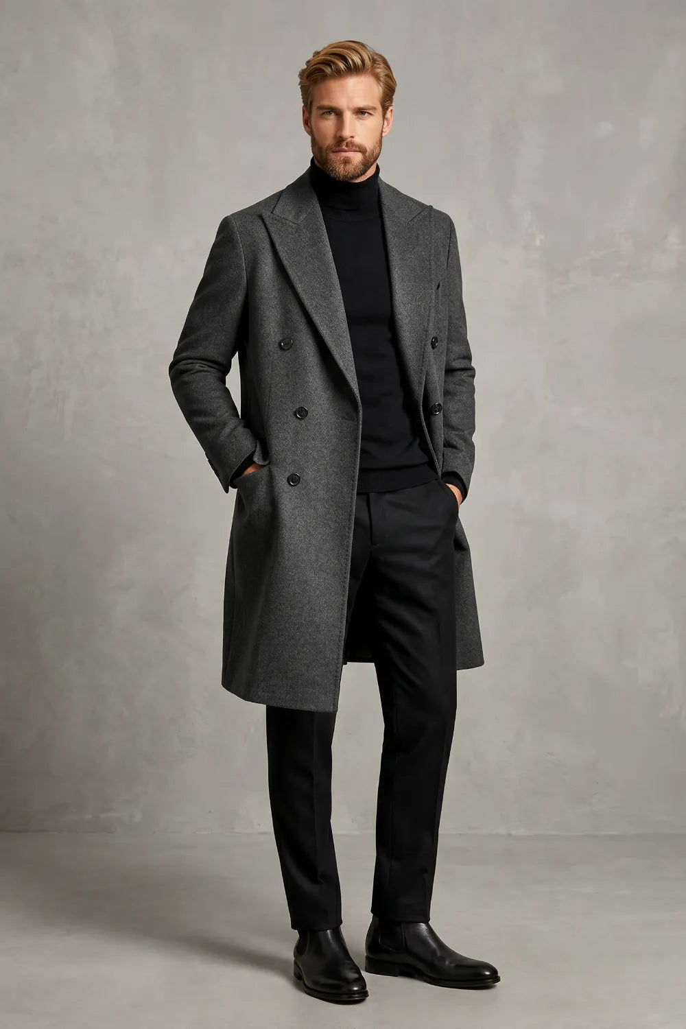 Men's Charcoal Double-Breasted Overcoat