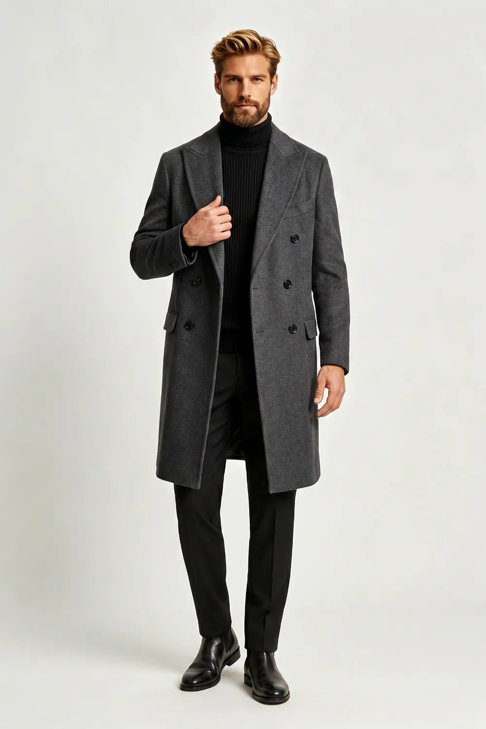 Men's Charcoal Double-Breasted Overcoat
