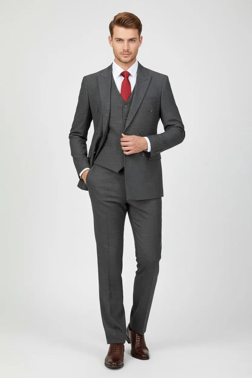 Men's Double Breasted Plaid 3 Piece Suit