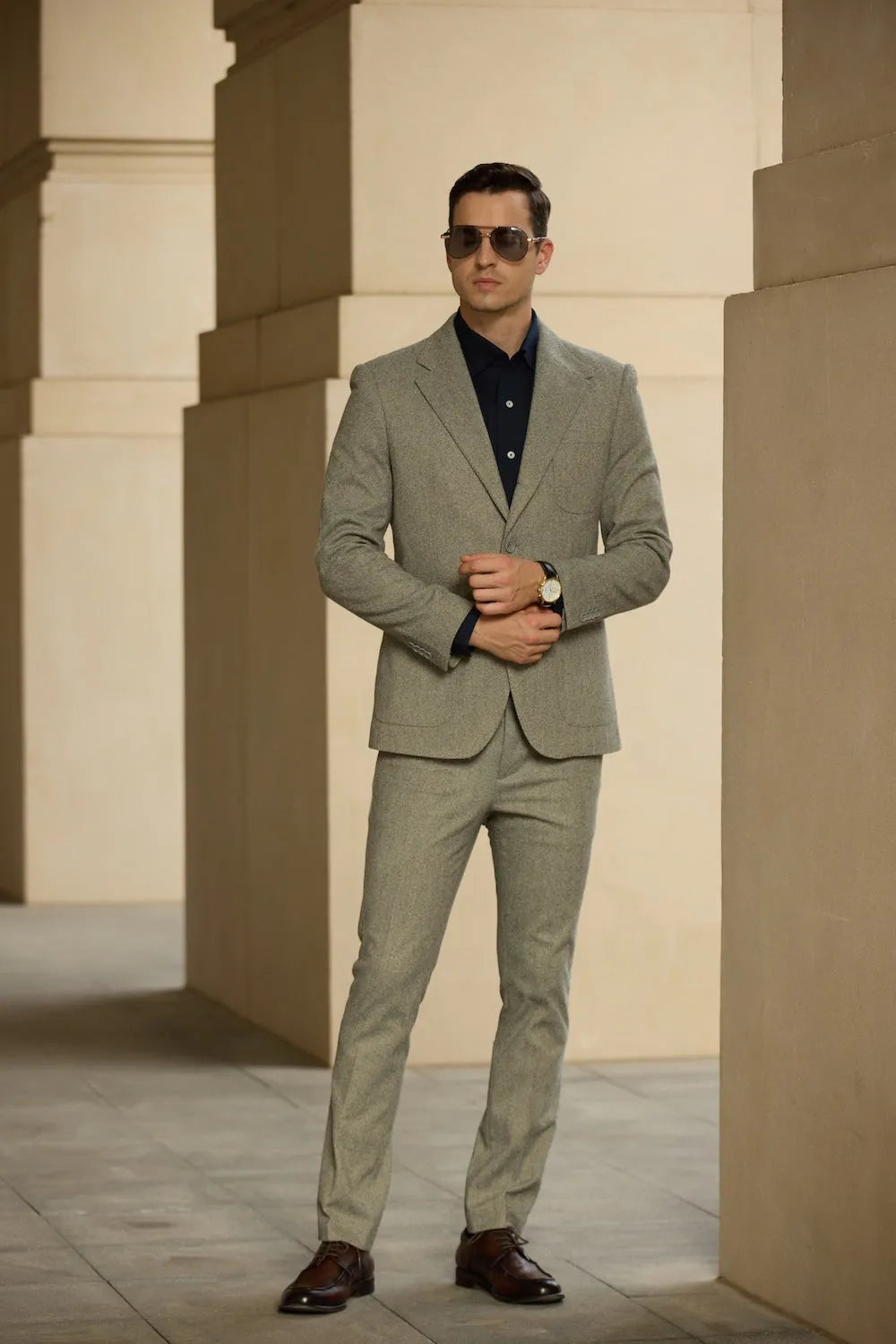 Tea Herringbone Wool Suit Full Front View – Classic Winter Style for Business
