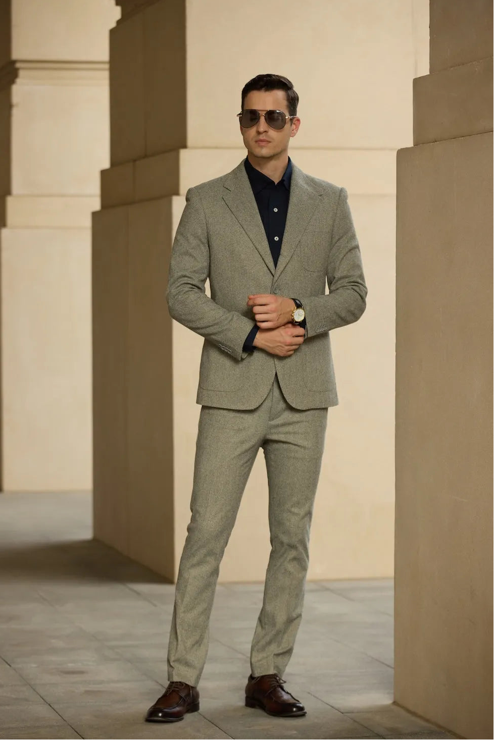 Tea Herringbone Wool Suit Full Front View – Classic Winter Style for Business
