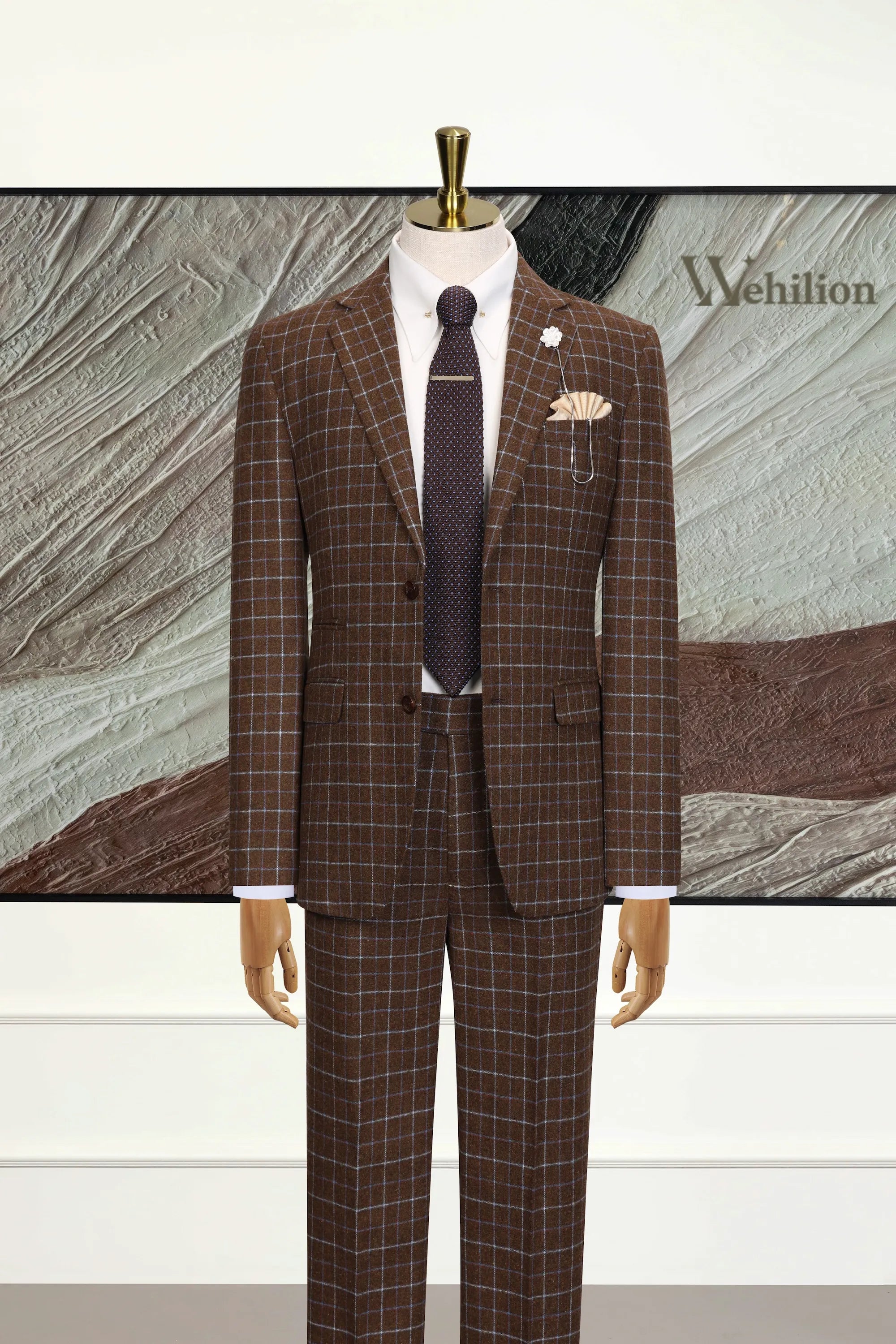 Men's Brown Plaid Herringbone 2 Piece Suit
