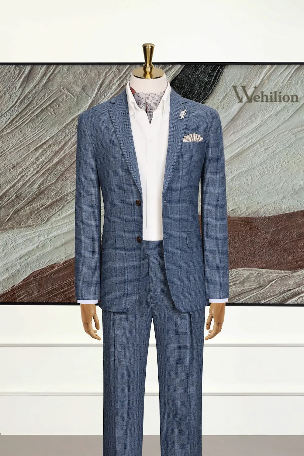 Men's Blue Plaid Herringbone 2 Piece Suit