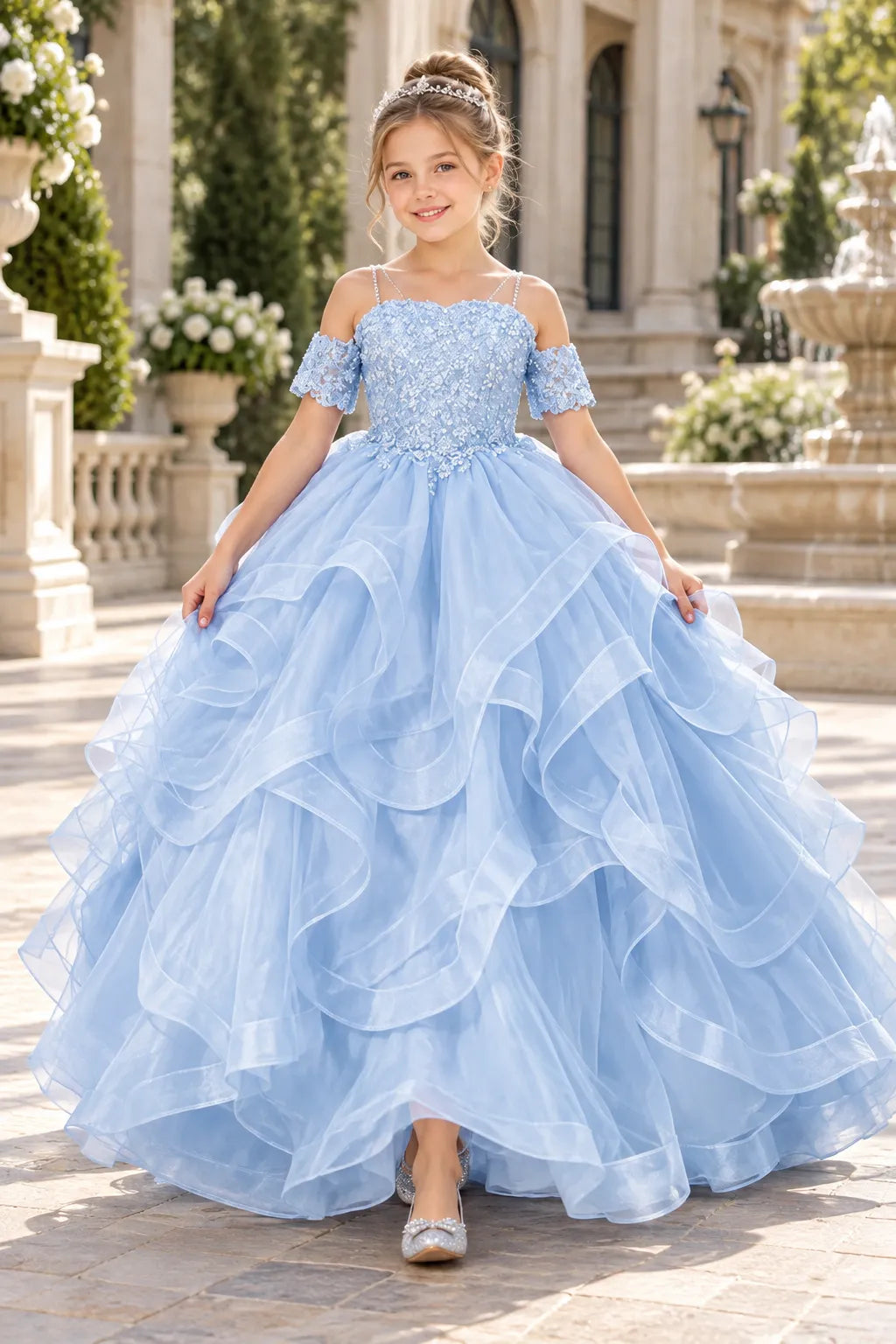 Princess Formal Dress for Girls with Floral Lace Bodice