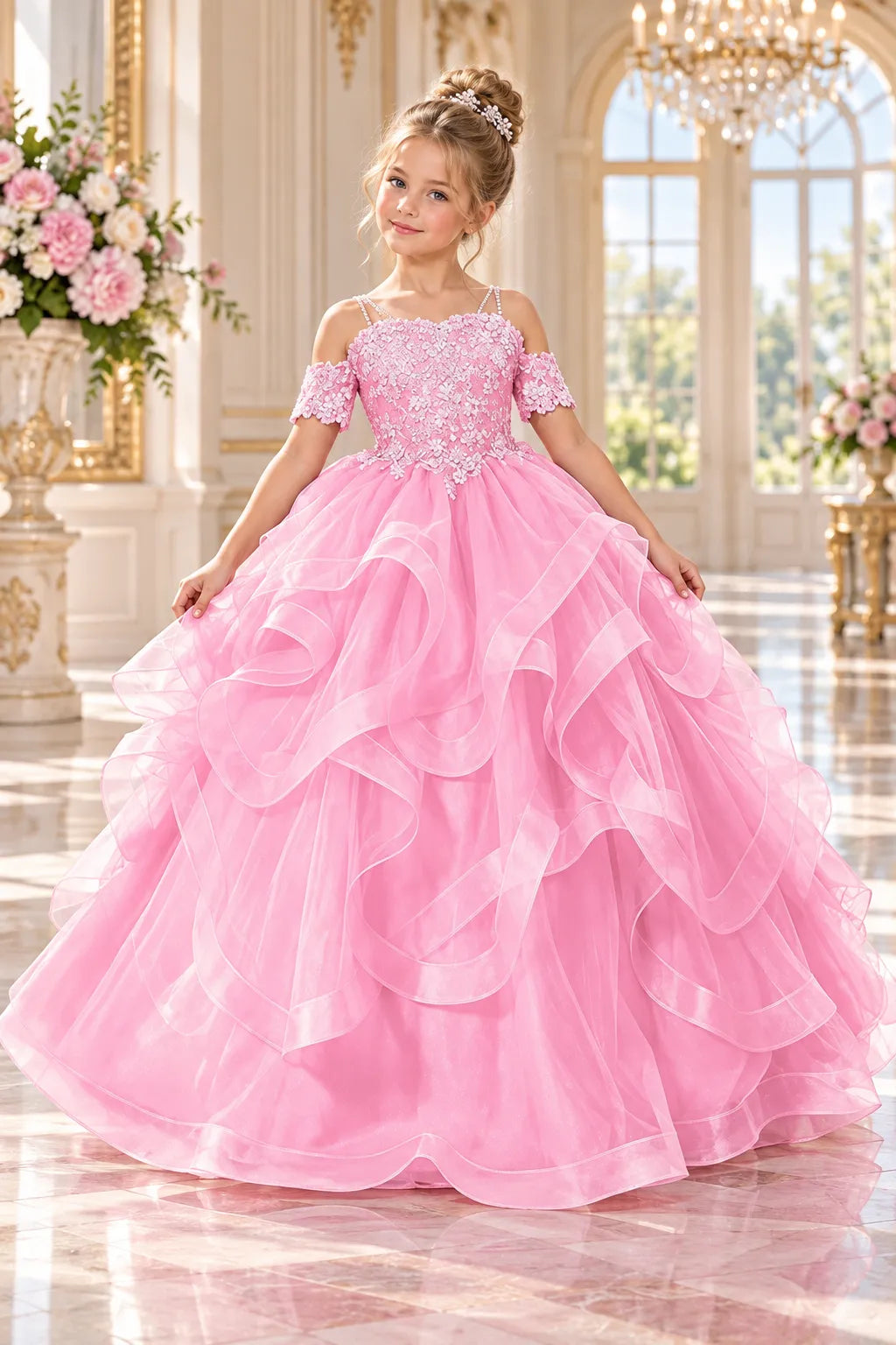 Princess Formal Dress for Girls with Floral Lace Bodice