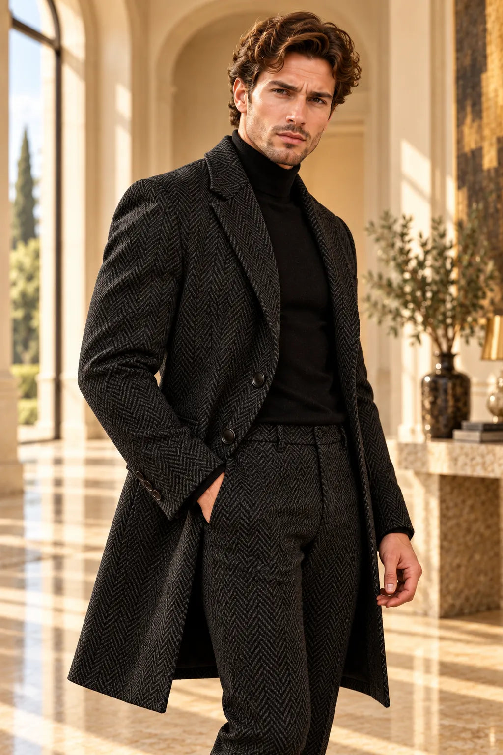 Men's Herringbone Tailored Long Jacket 2 Piece Suit
