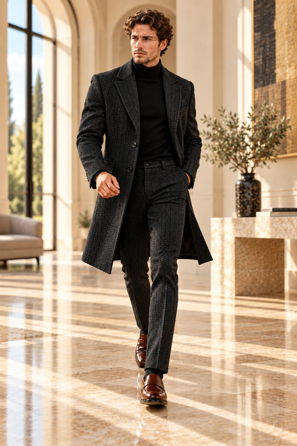 Men's Herringbone Tailored Long Jacket 2 Piece Suit