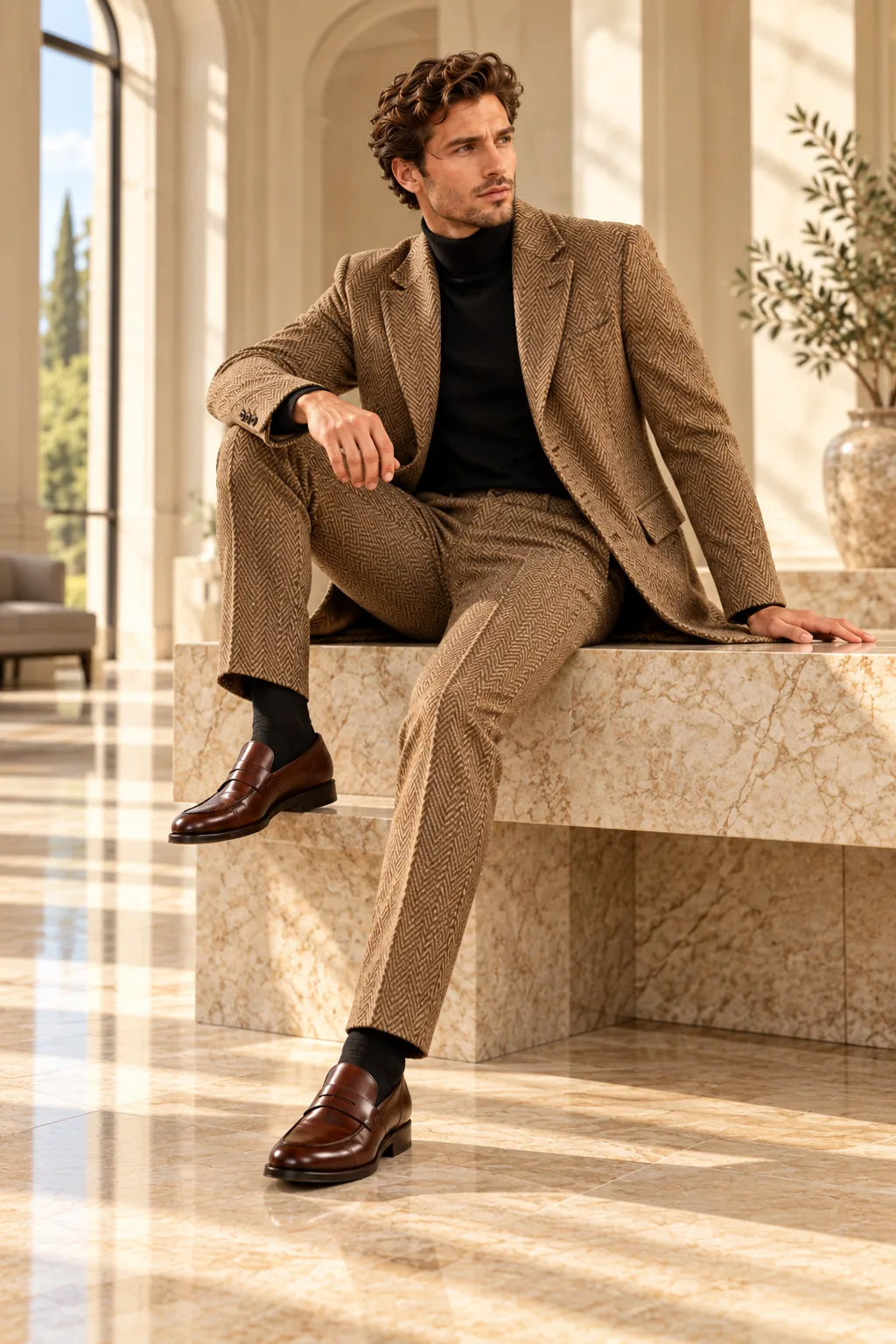Men's Herringbone Tailored Long Jacket 2 Piece Suit