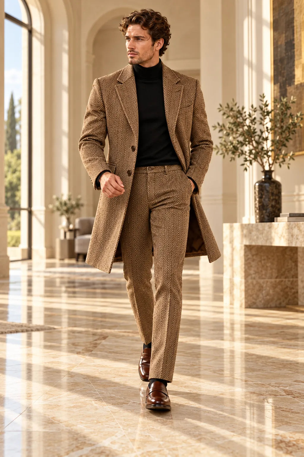 Men's Herringbone Tailored Long Jacket 2 Piece Suit