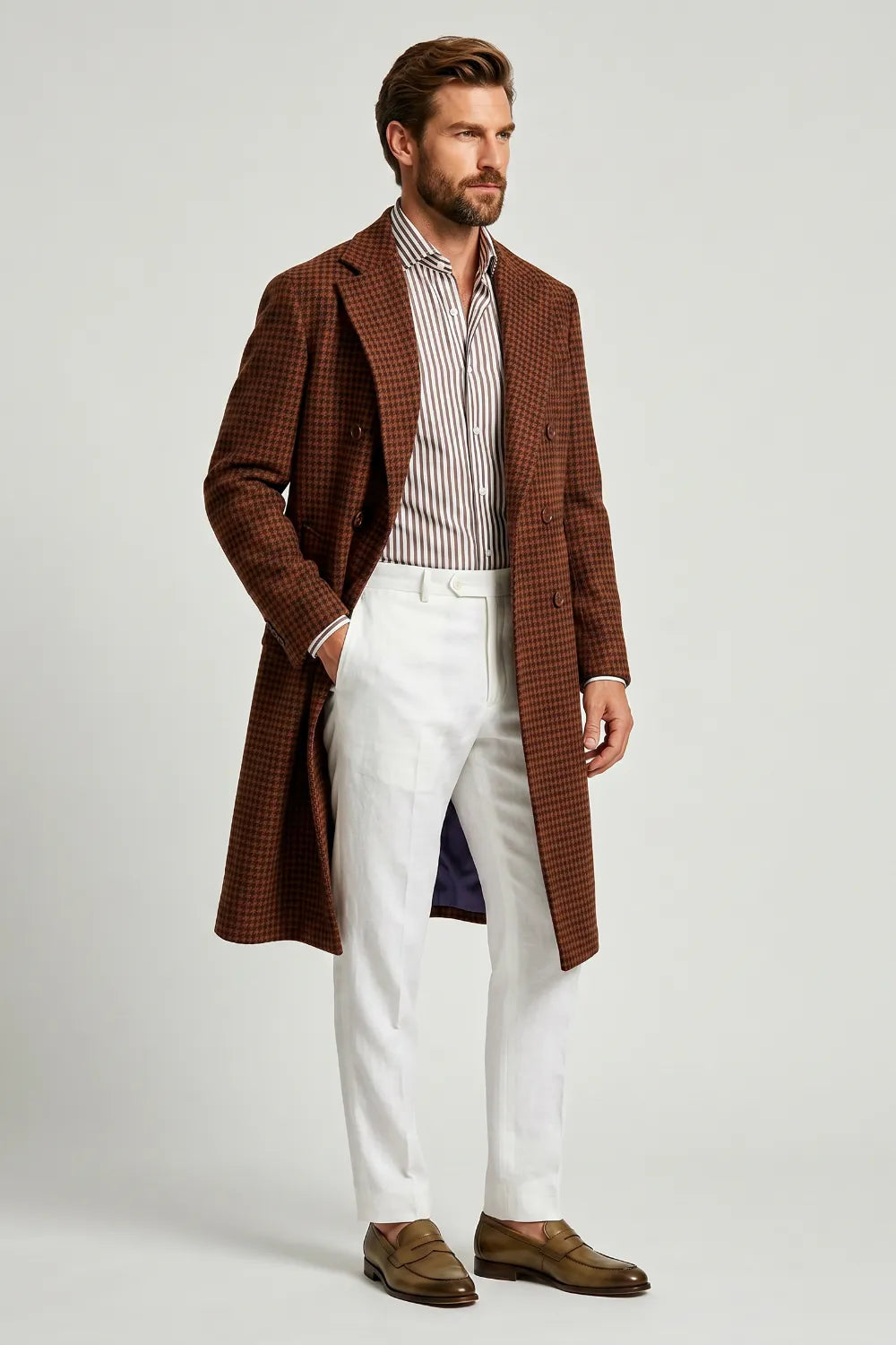 brown dress coat Men's Houndstooth Longline Overcoat For work Wedtrend Women A Line Color:Light Brown GLV38-BLACK-ONESIZE