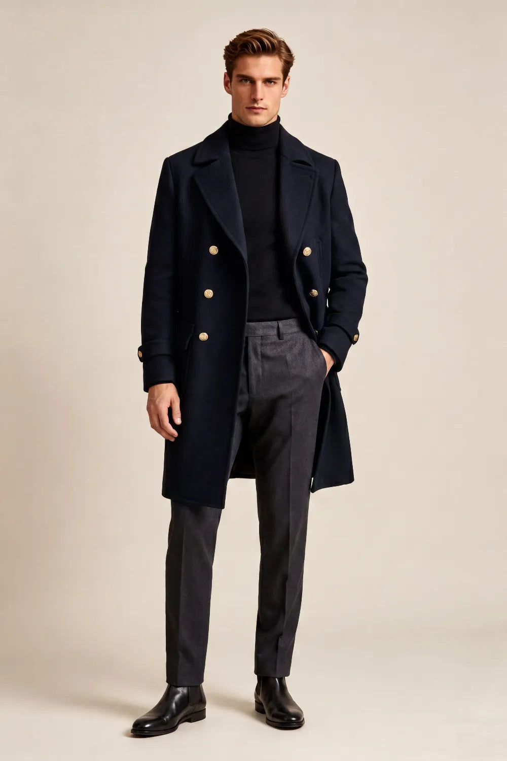 Men's Dark Navy Double Breasted Long Overcoat