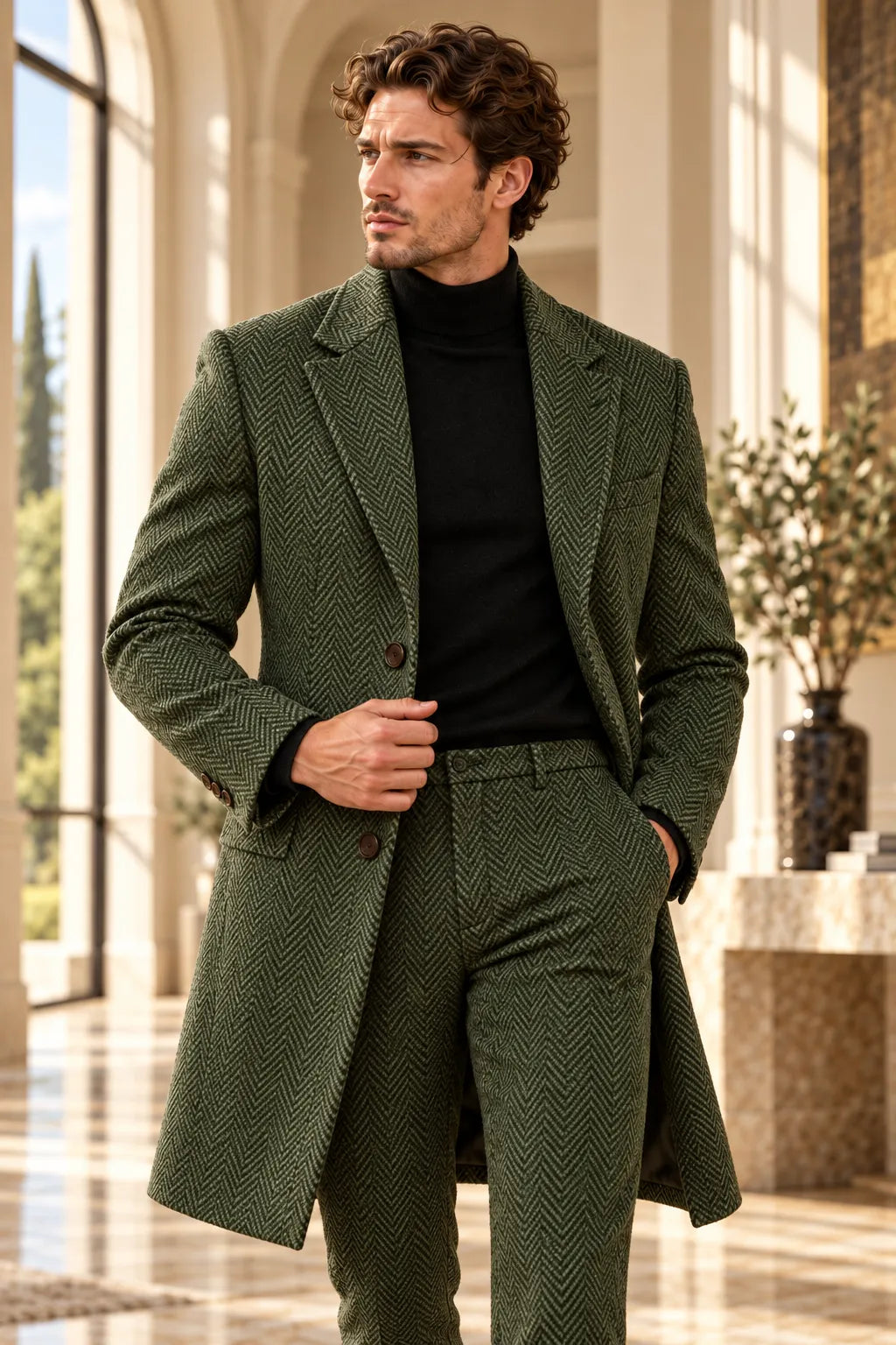Men's Herringbone Tailored Long Jacket 2 Piece Suit