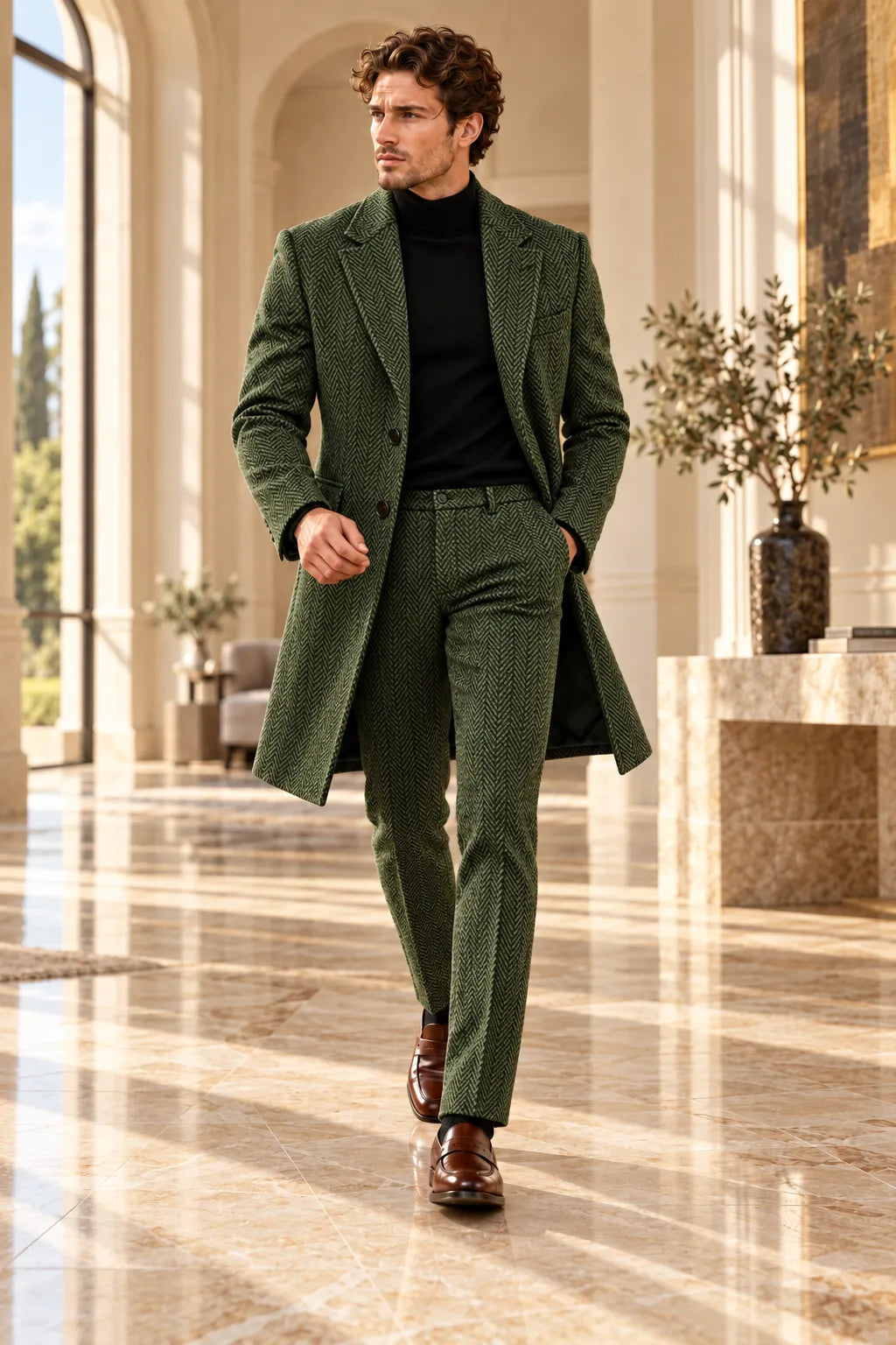 Men's Herringbone Tailored Long Jacket 2 Piece Suit