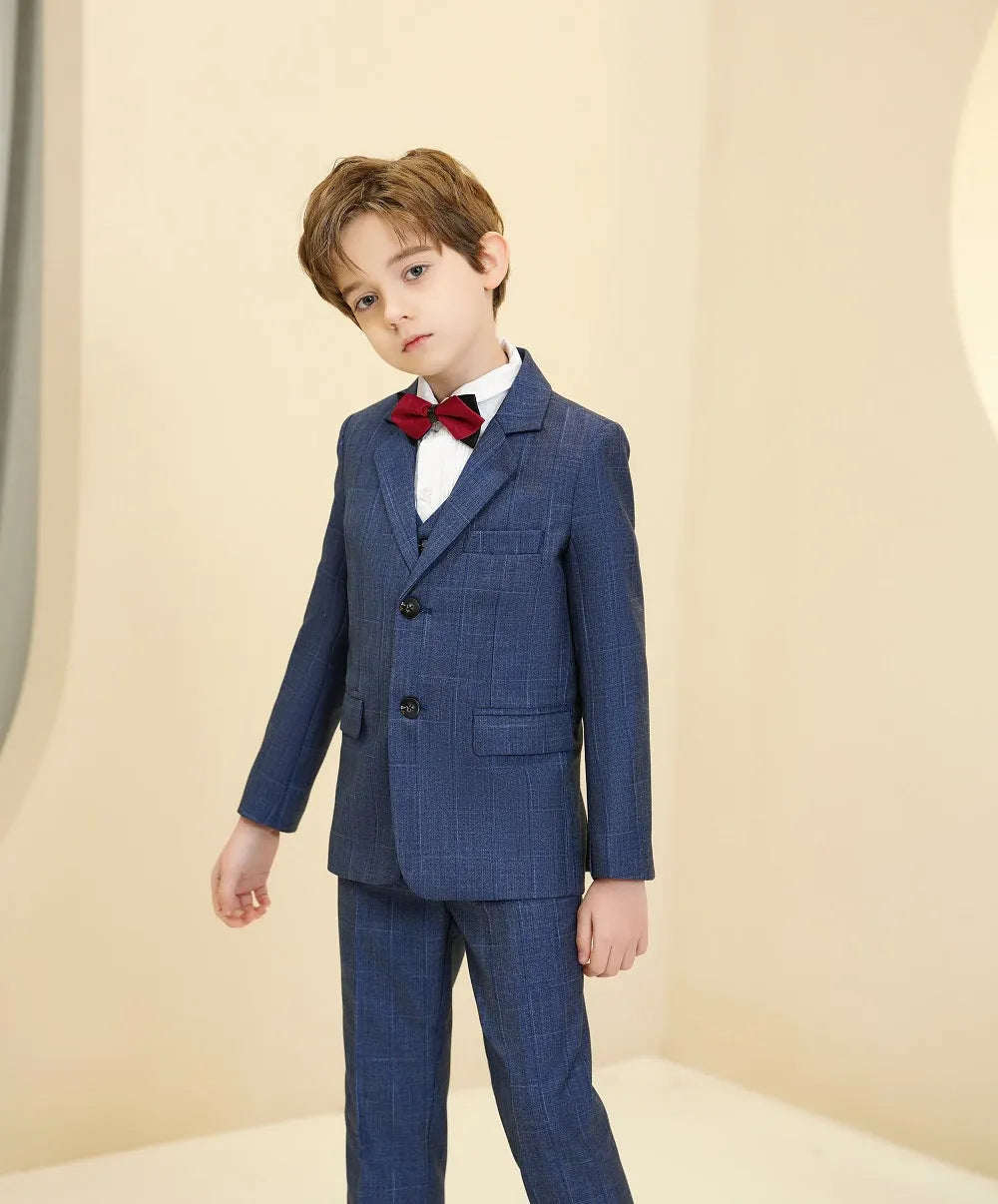 Boys blue checked suit: Formal 5-piece with red bow tie & plaid blazer