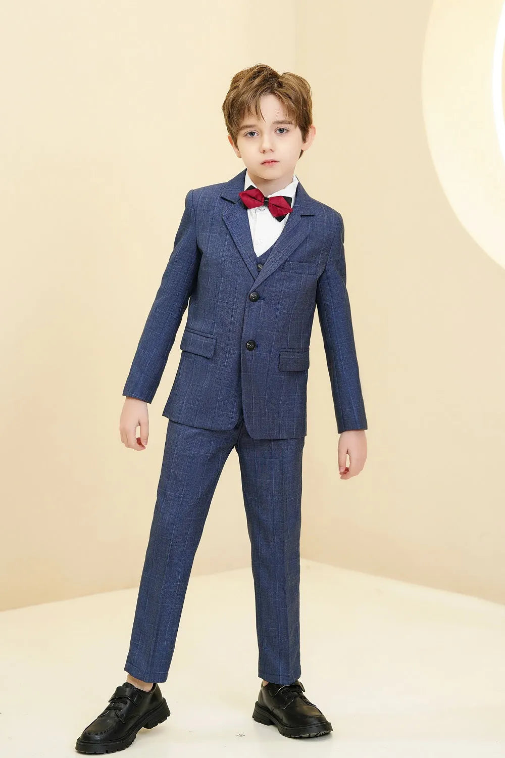 Boys blue plaid suit: 5-piece formal outfit with red bow tie & checked design