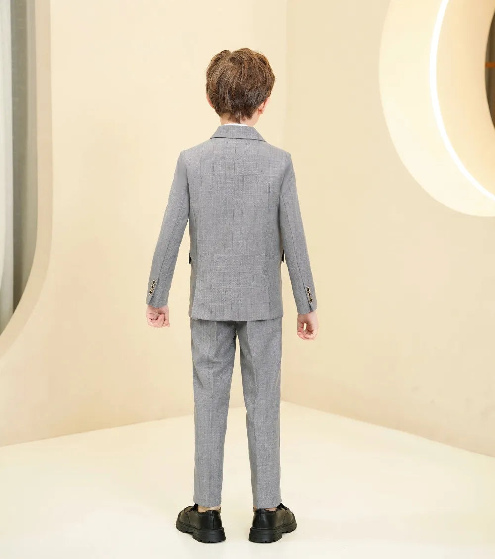 Light grey plaid boys 5-piece suit: Back view with checked pattern & cuff detail