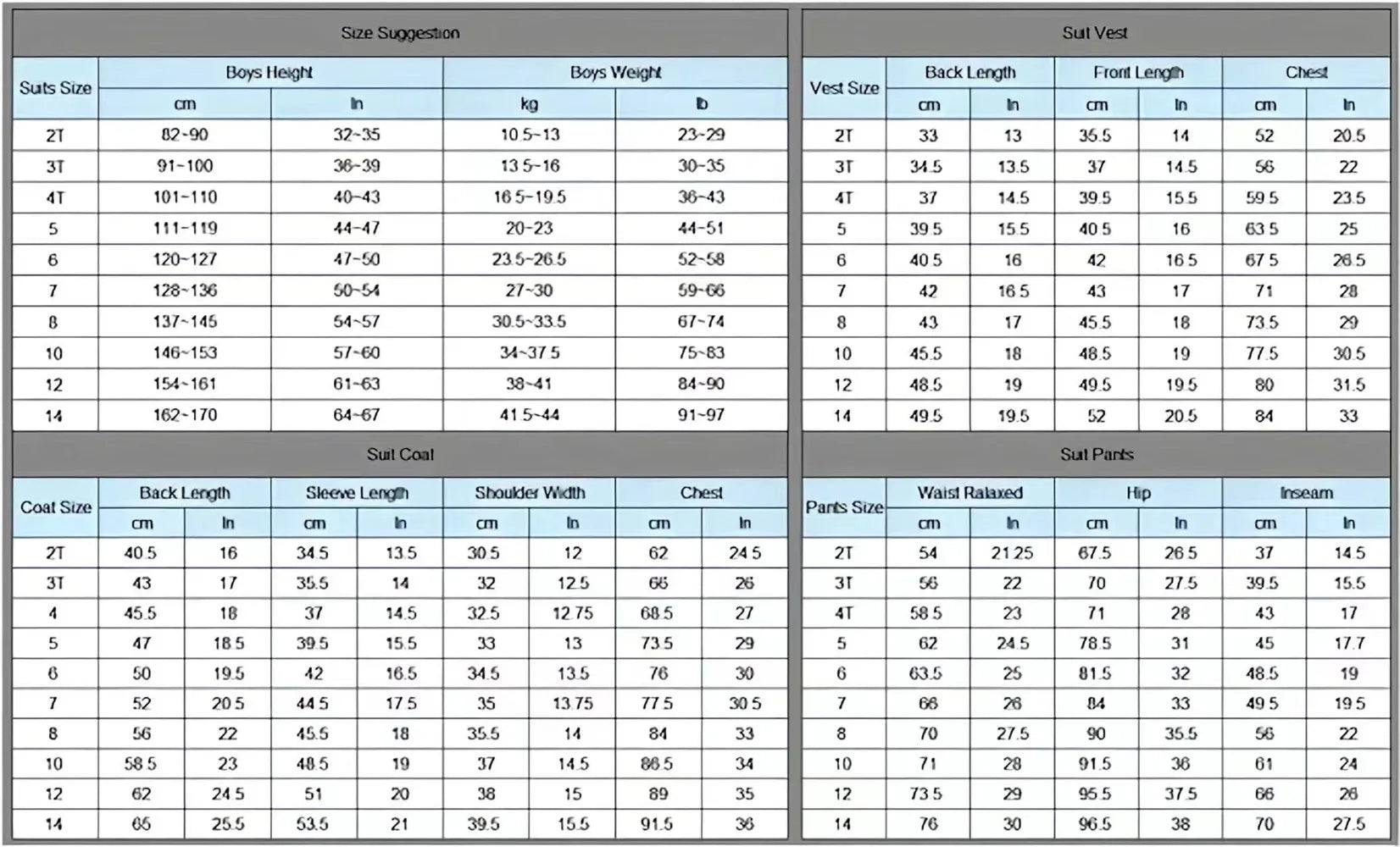 Light grey plaid boys’ 5-piece suit size chart with height, weight, chest, sleeve, vest, and pants measurements in cm and inches
