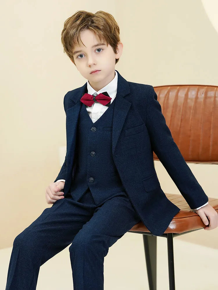 Little boys plaid suit: Navy 5-piece formal set with red bow tie