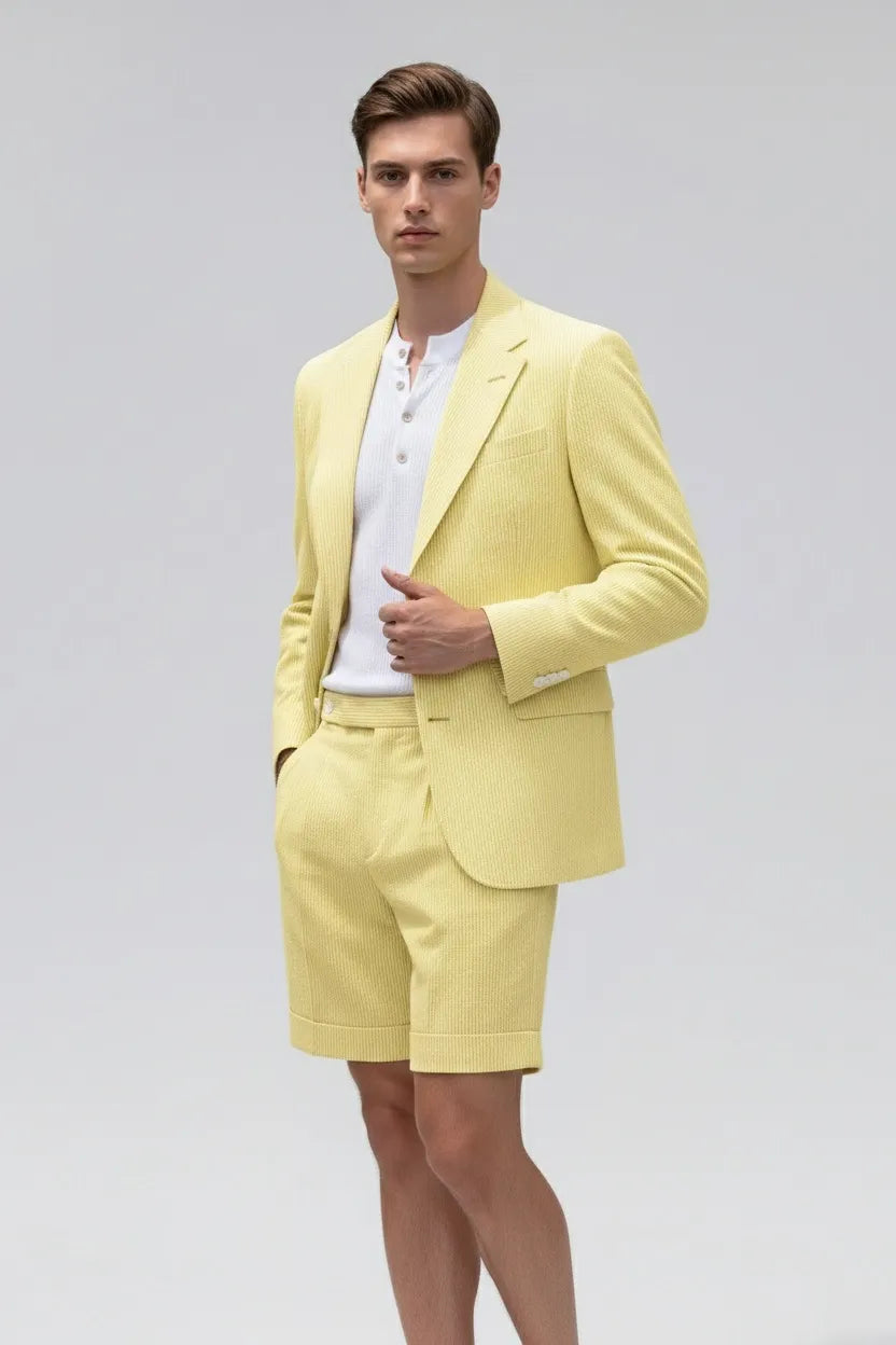 Men's Seersucker Summer Blazer Shorts 2 Piece Suits