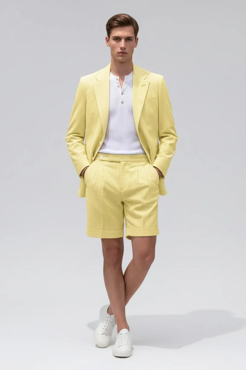 Bold Yellow 2026 Seersucker Suit for Men with Shorts for Summer Bold Yellow 2026 Seersucker Suit for Men with Shorts for Summer