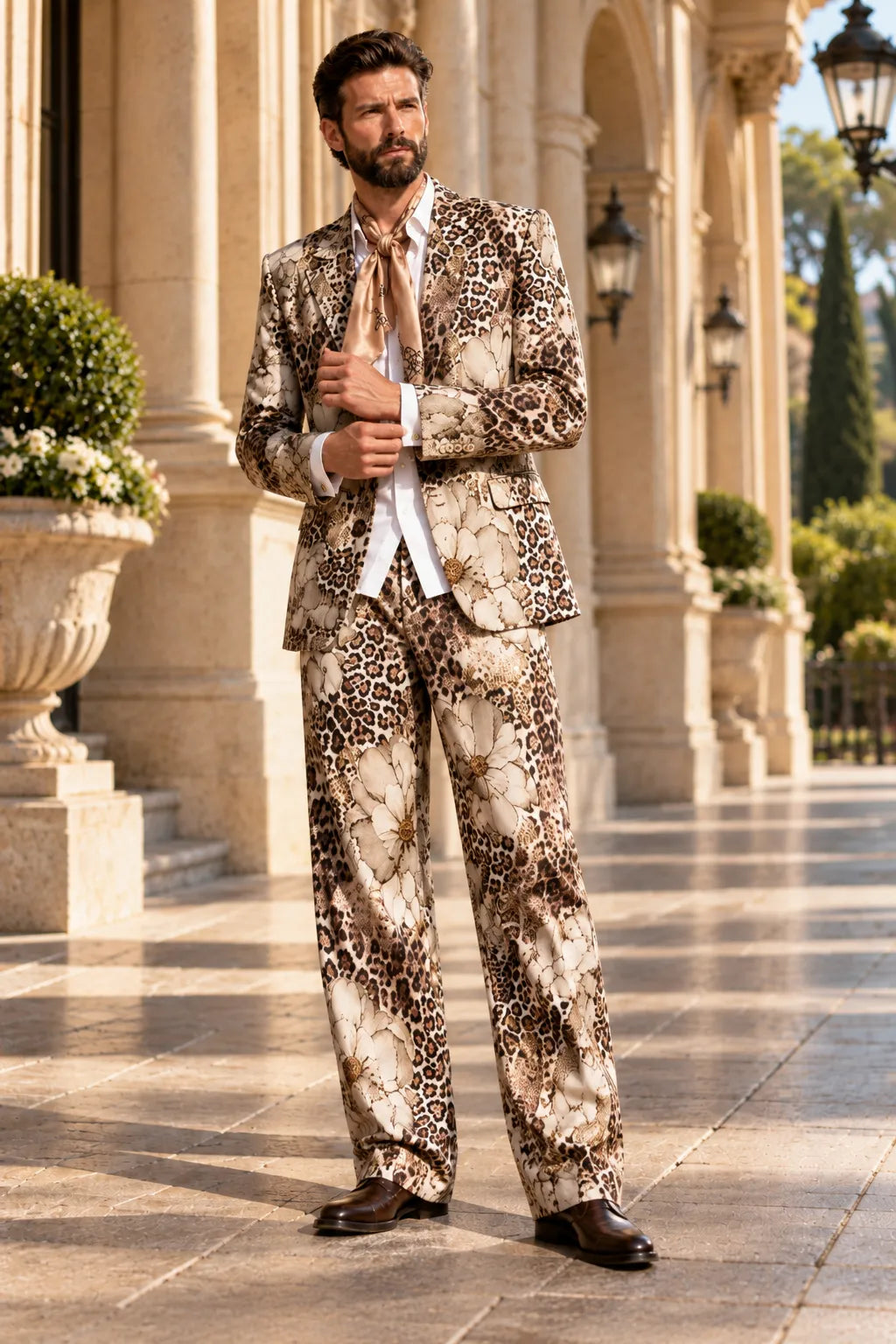 Men's Leopard Floral Print 2 Piece Suit