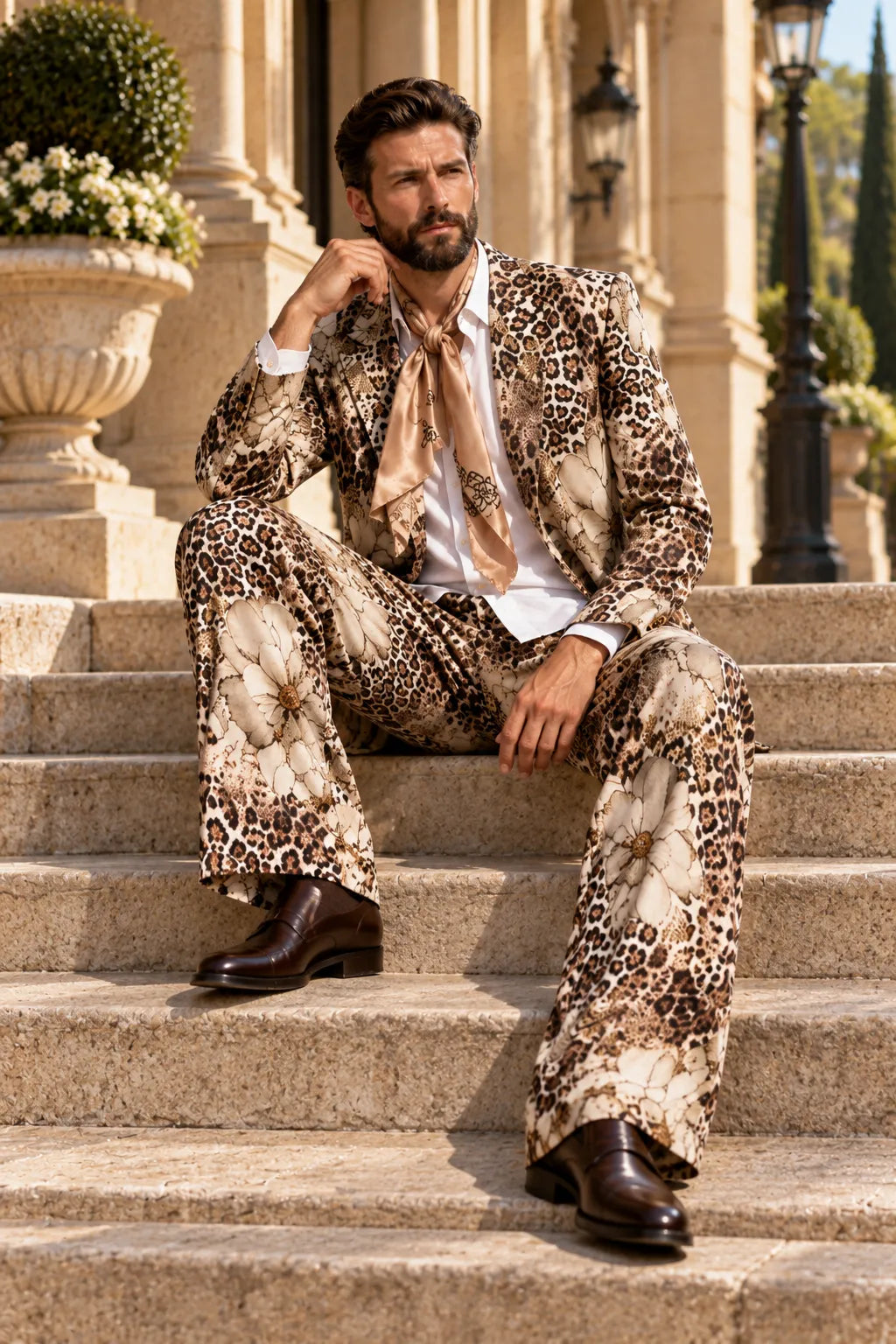 Men's Leopard Floral Print 2 Piece Suit
