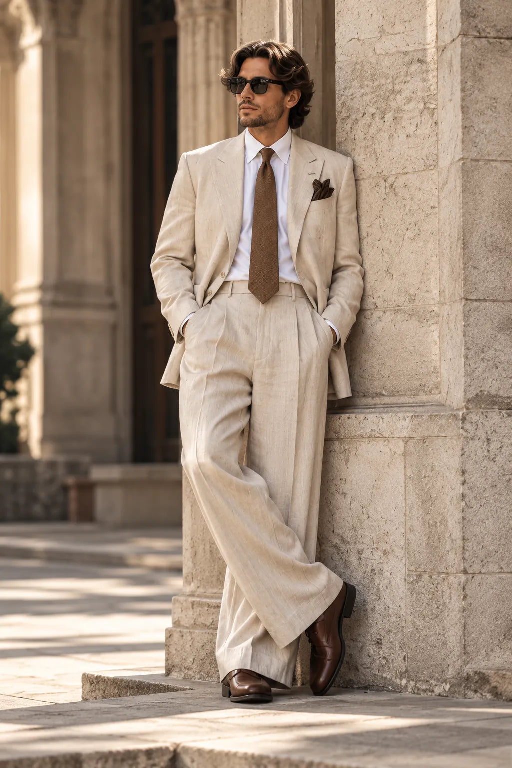 Men's Beige Linen Double Breasted Wide Leg 2 Piece Suit