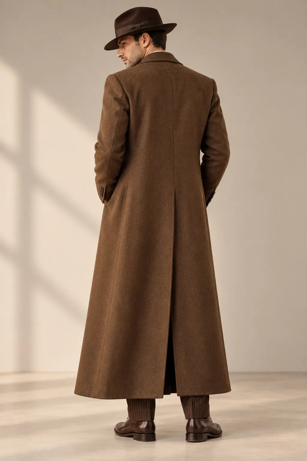 Men's Brown Pinstripe 4 Piece Suit Set with Long Overcoat
