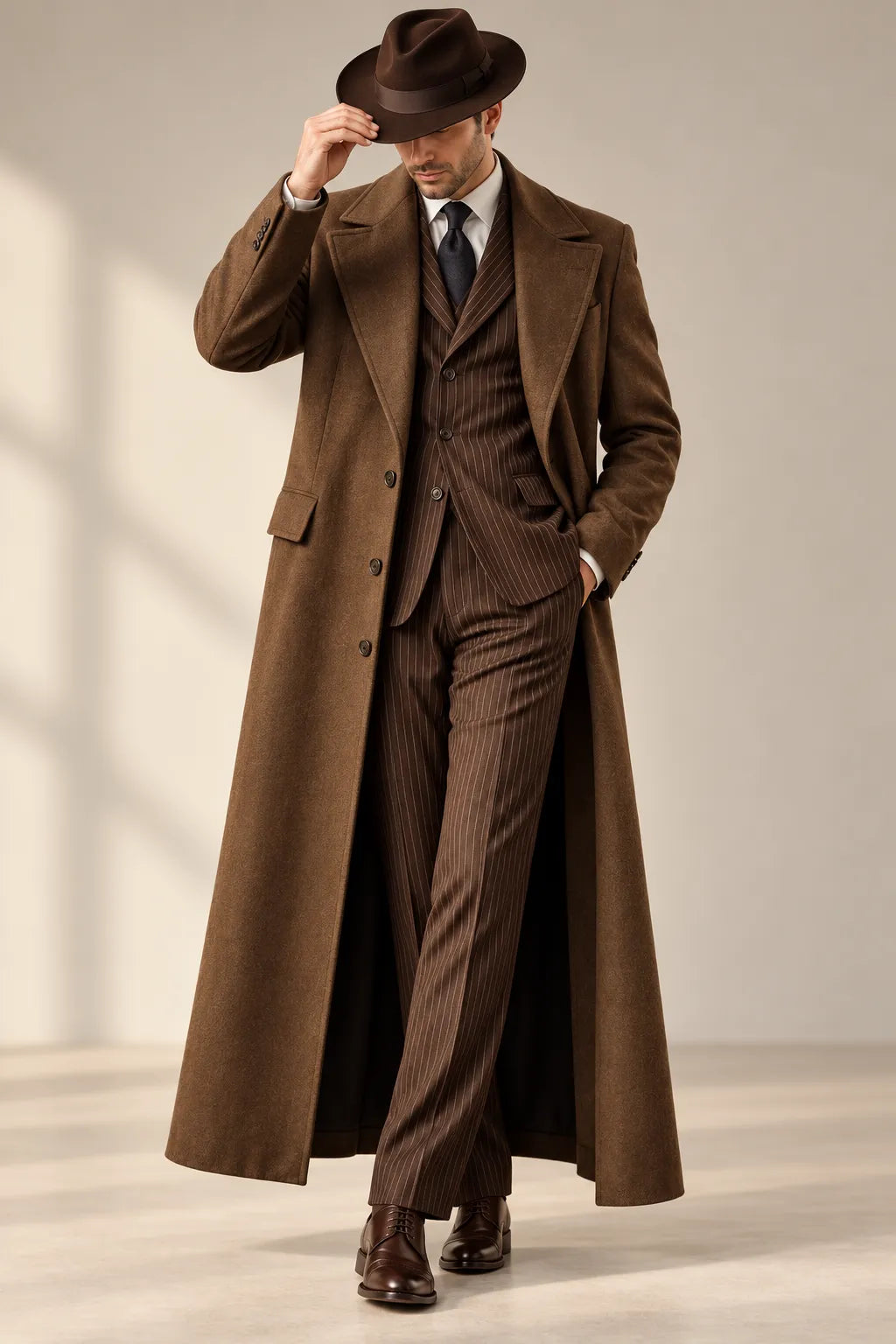 Men's Brown Pinstripe 4 Piece Suit Set with Long Overcoat
