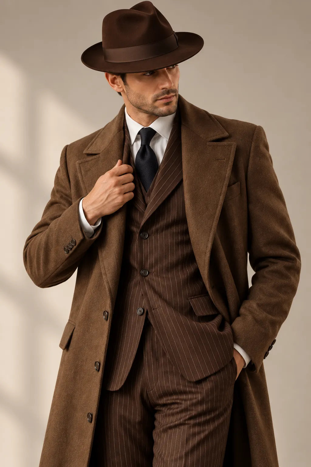Men's Brown Pinstripe 4 Piece Suit Set with Long Overcoat